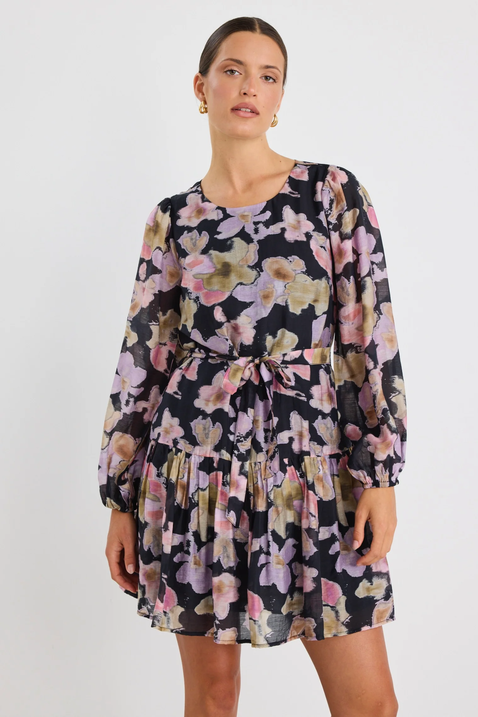 Host Black Pressed Flower Balloon Sleeve Drop Waist Mini Dress - Image 5
