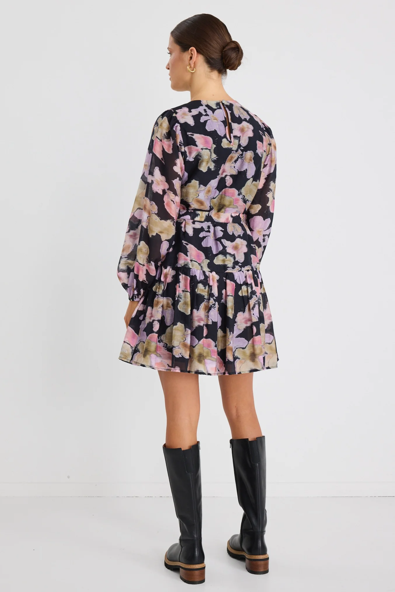 Host Black Pressed Flower Balloon Sleeve Drop Waist Mini Dress - Image 6