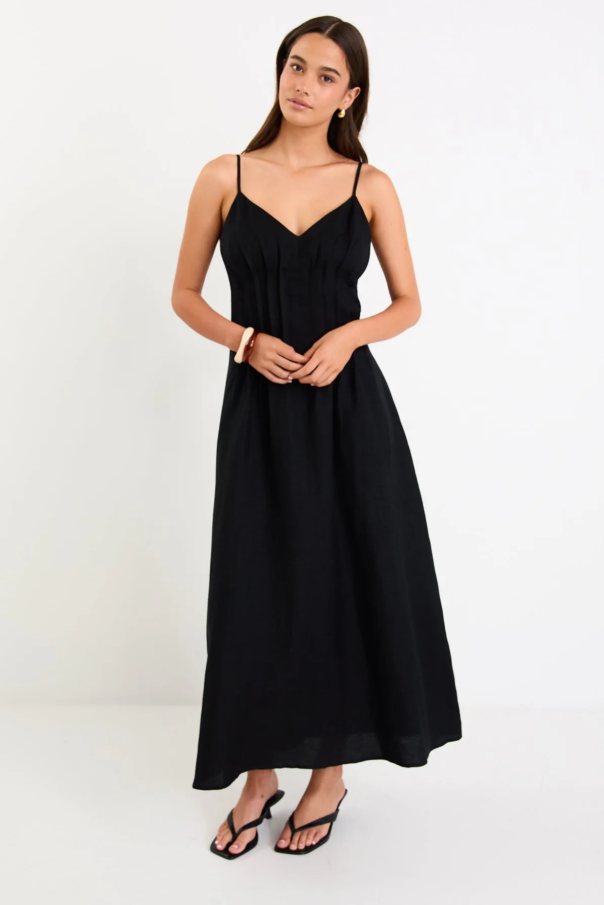 Hourly Black Linen Blend Strappy Pleat Maxi Dress