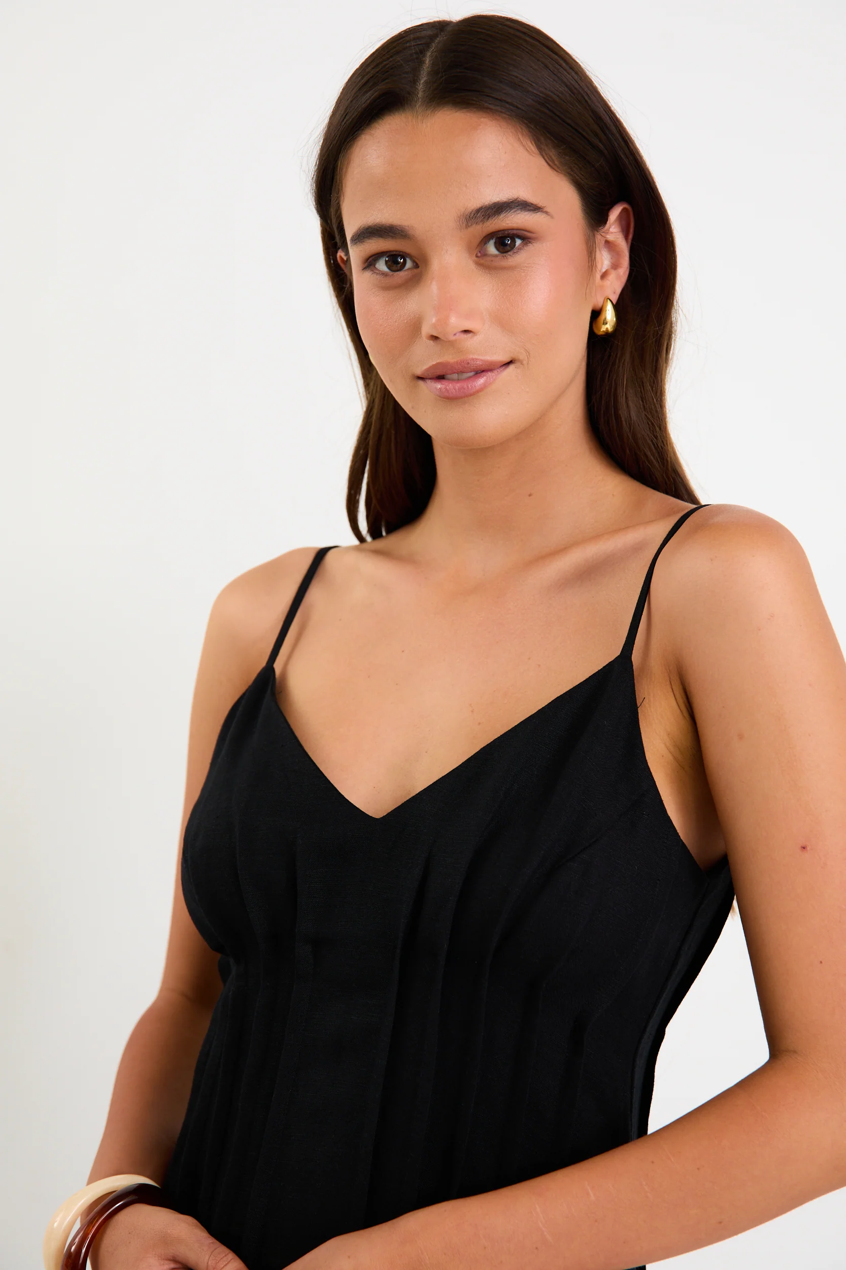 Hourly Black Linen Blend Strappy Pleat Maxi Dress - Image 4