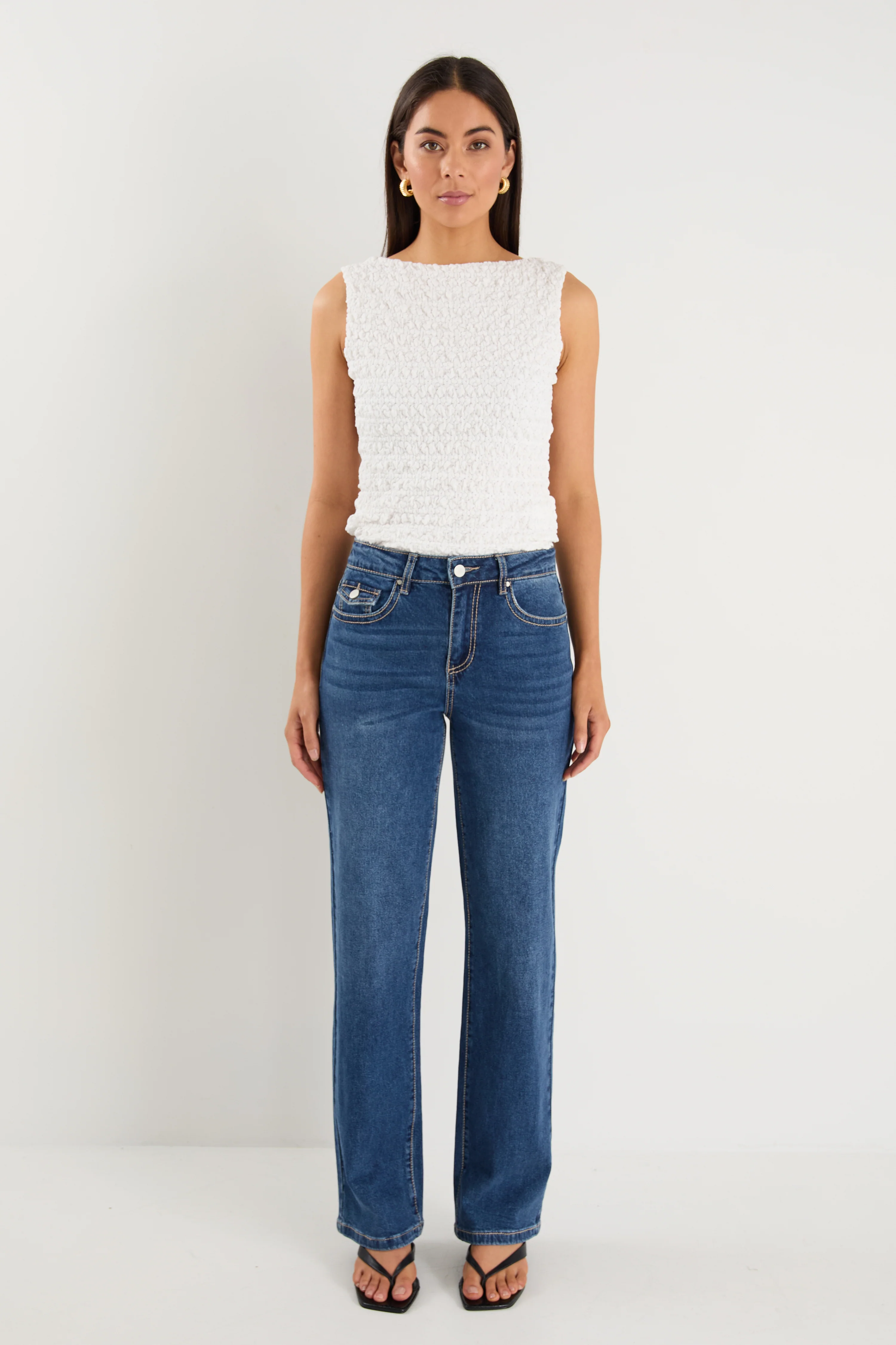 Hudson Mid Blue Mid Rise Heavy Stitch Straight Jean