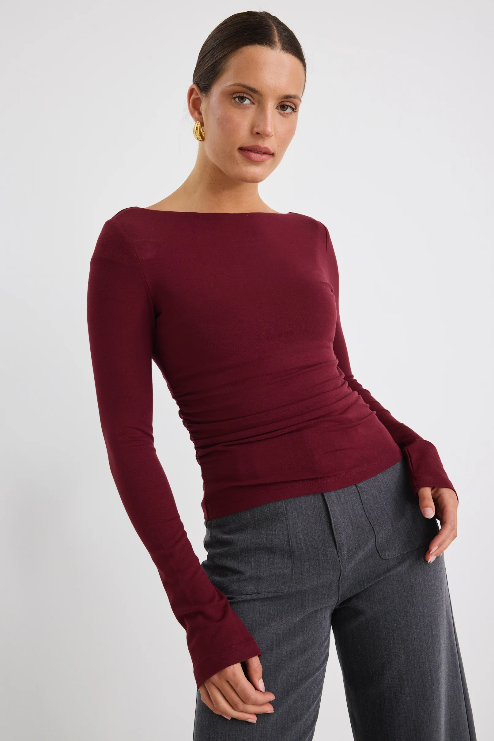 Hunger Burgundy Plum Stretch Scoop Back Neck Top