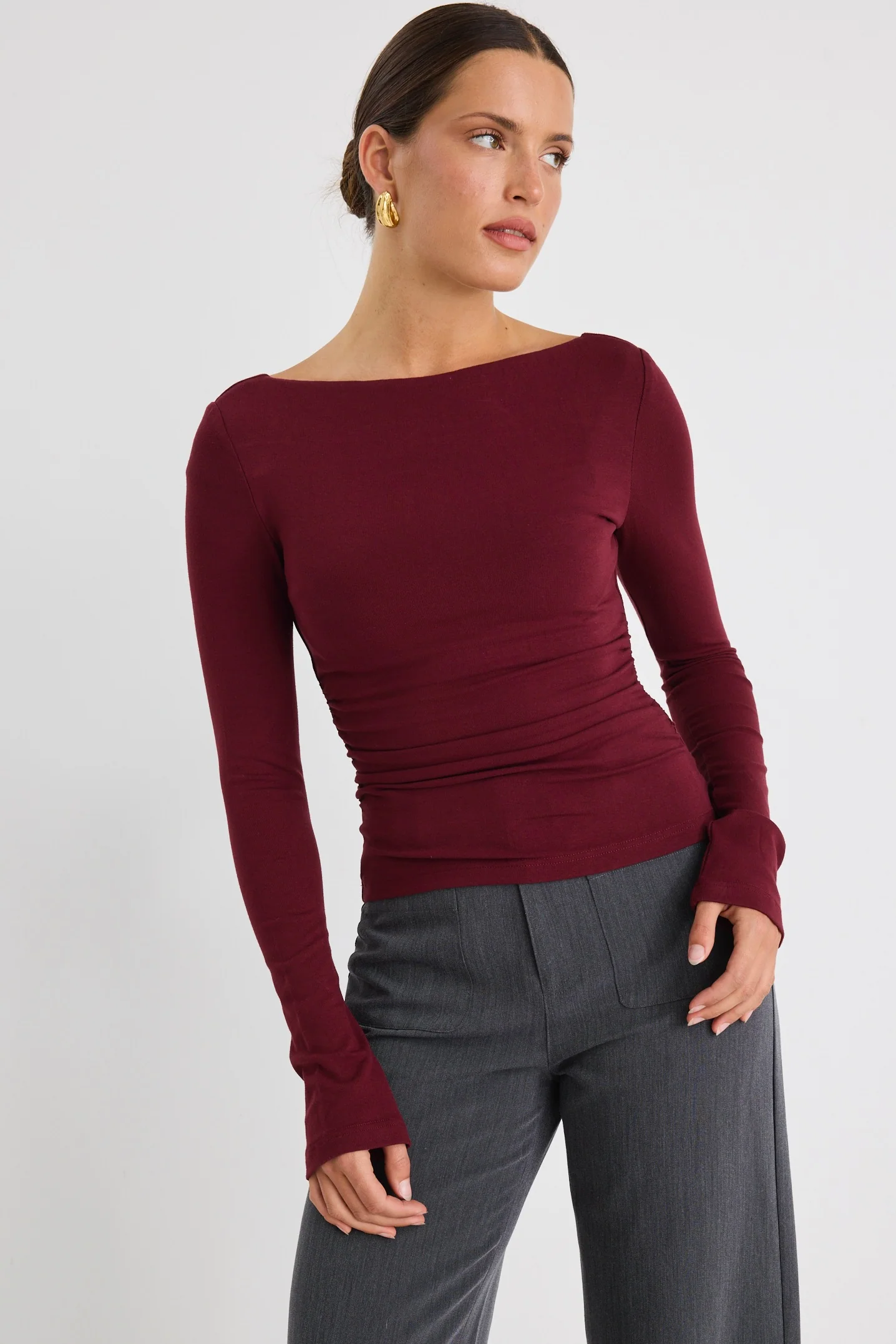 Hunger Burgundy Plum Stretch Scoop Back Neck Top - Image 4