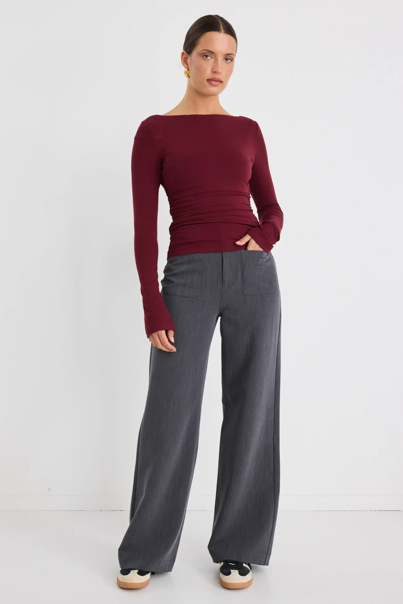 Hunger Burgundy Plum Stretch Scoop Back Neck Top - Image 5