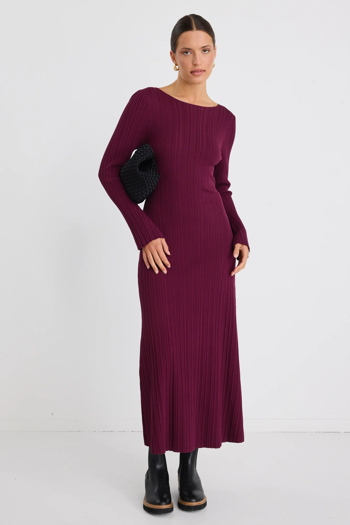 Ignite Burgundy Plum Boatneck Rib Knit Maxi Dress