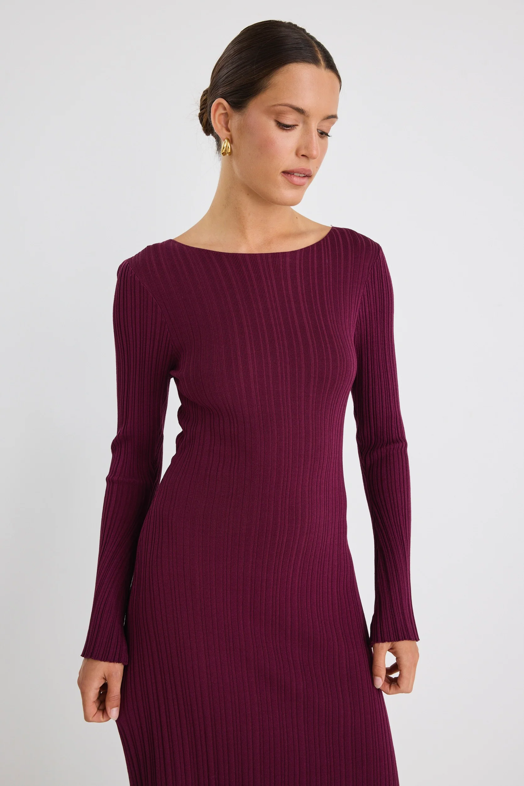 Ignite Burgundy Plum Boatneck Rib Knit Maxi Dress - Image 2
