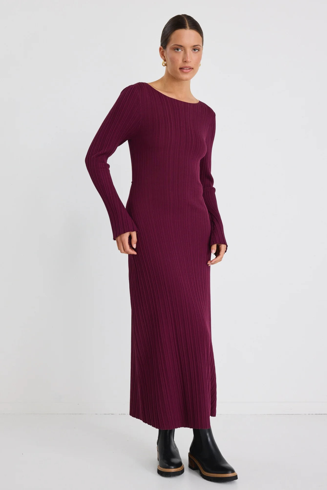 Ignite Burgundy Plum Boatneck Rib Knit Maxi Dress - Image 3