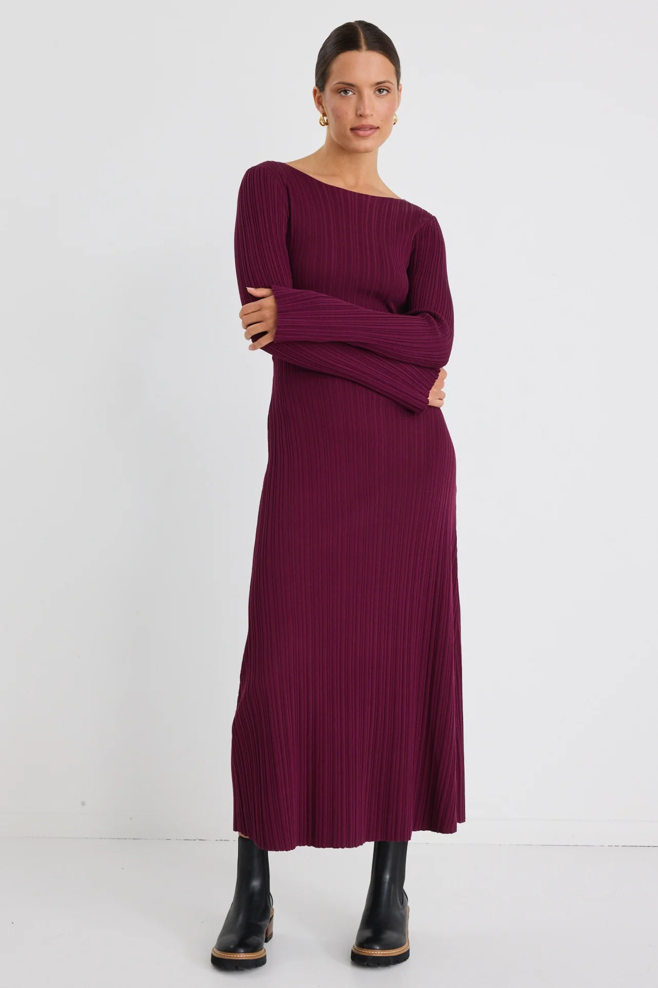 Ignite Burgundy Plum Boatneck Rib Knit Maxi Dress - Image 4