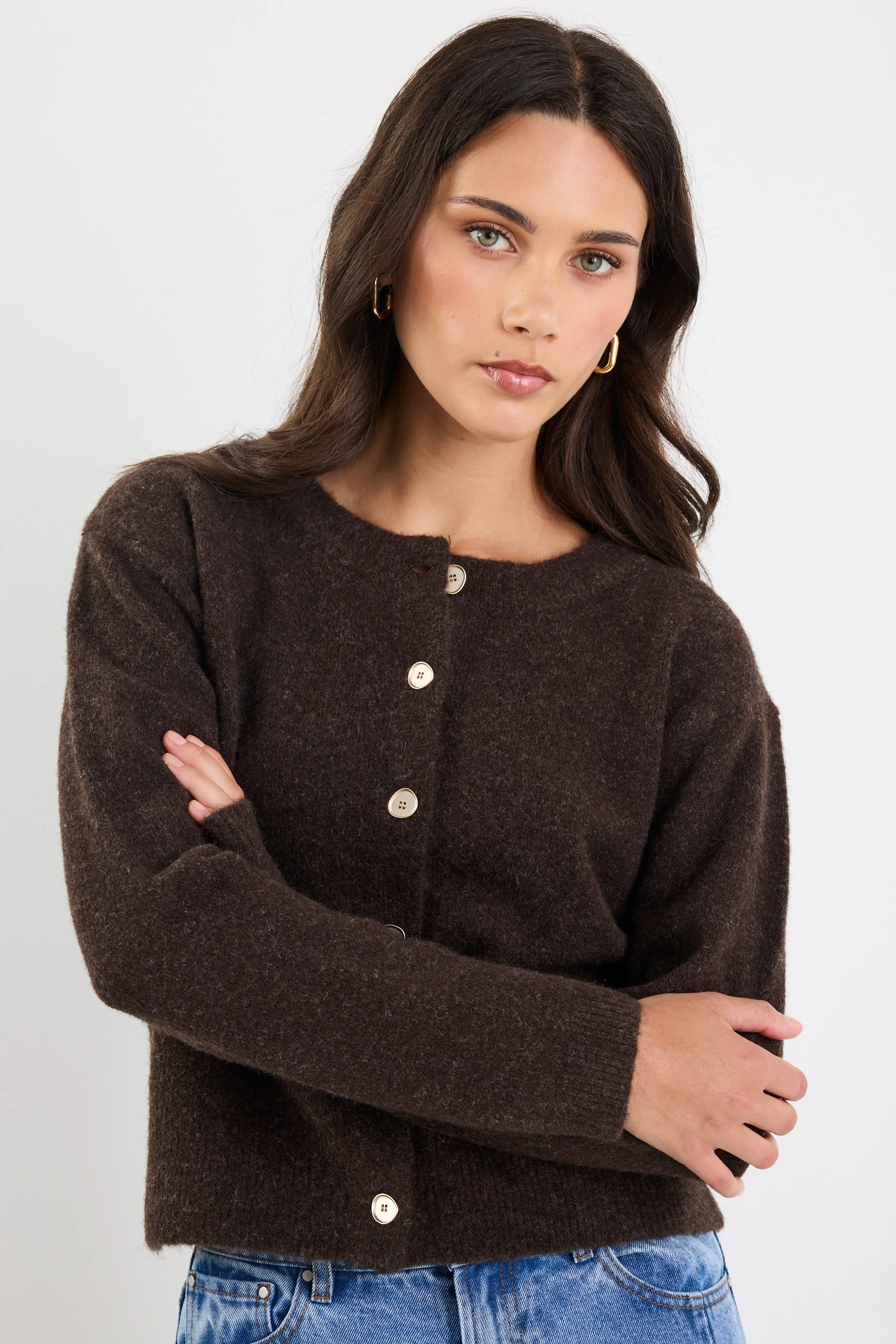 Imprint Chocolate Soft Knit Crewneck Cardigan - Image 3
