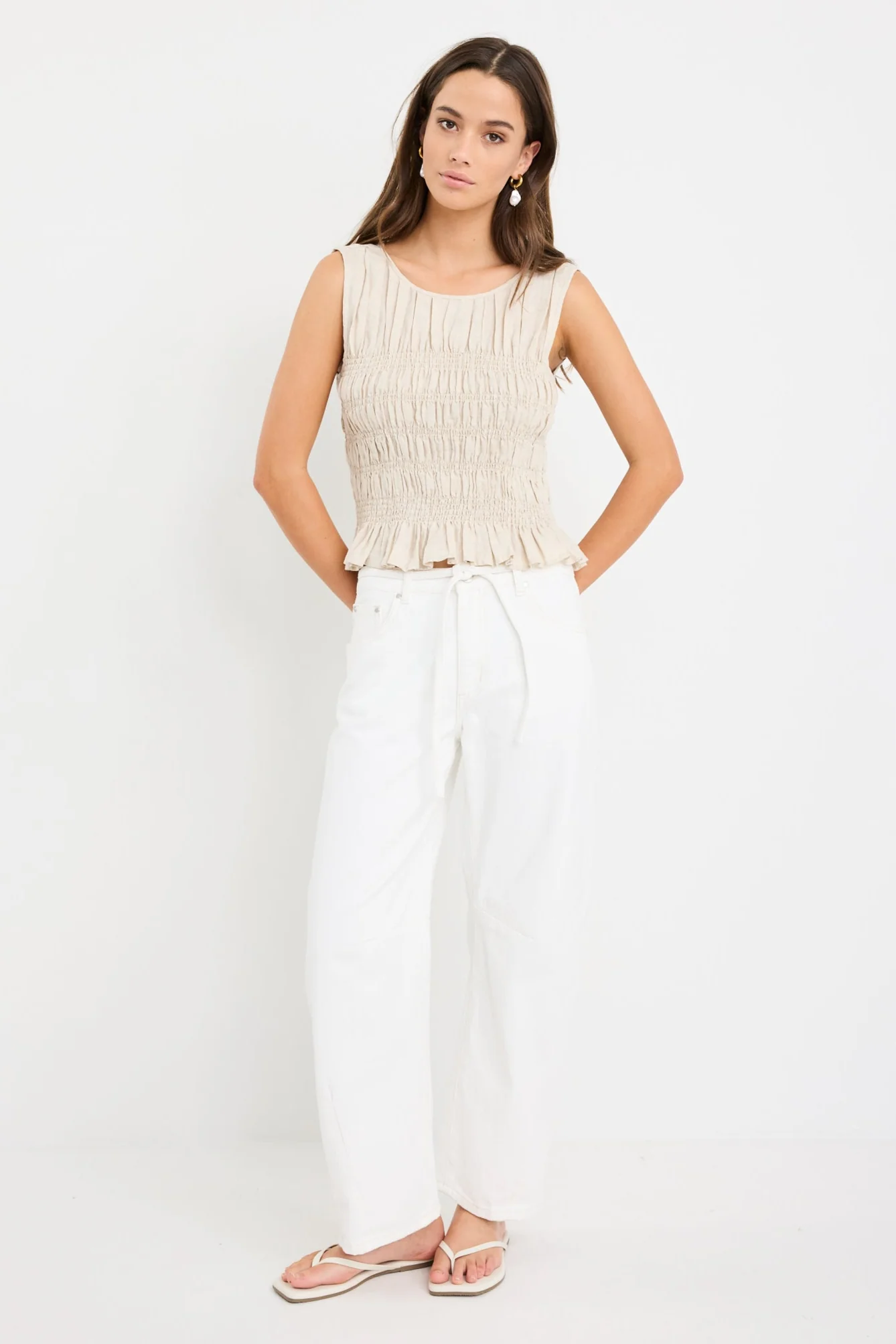 Impulsive Natural Linen Shirred Sleeveless Top - Image 3
