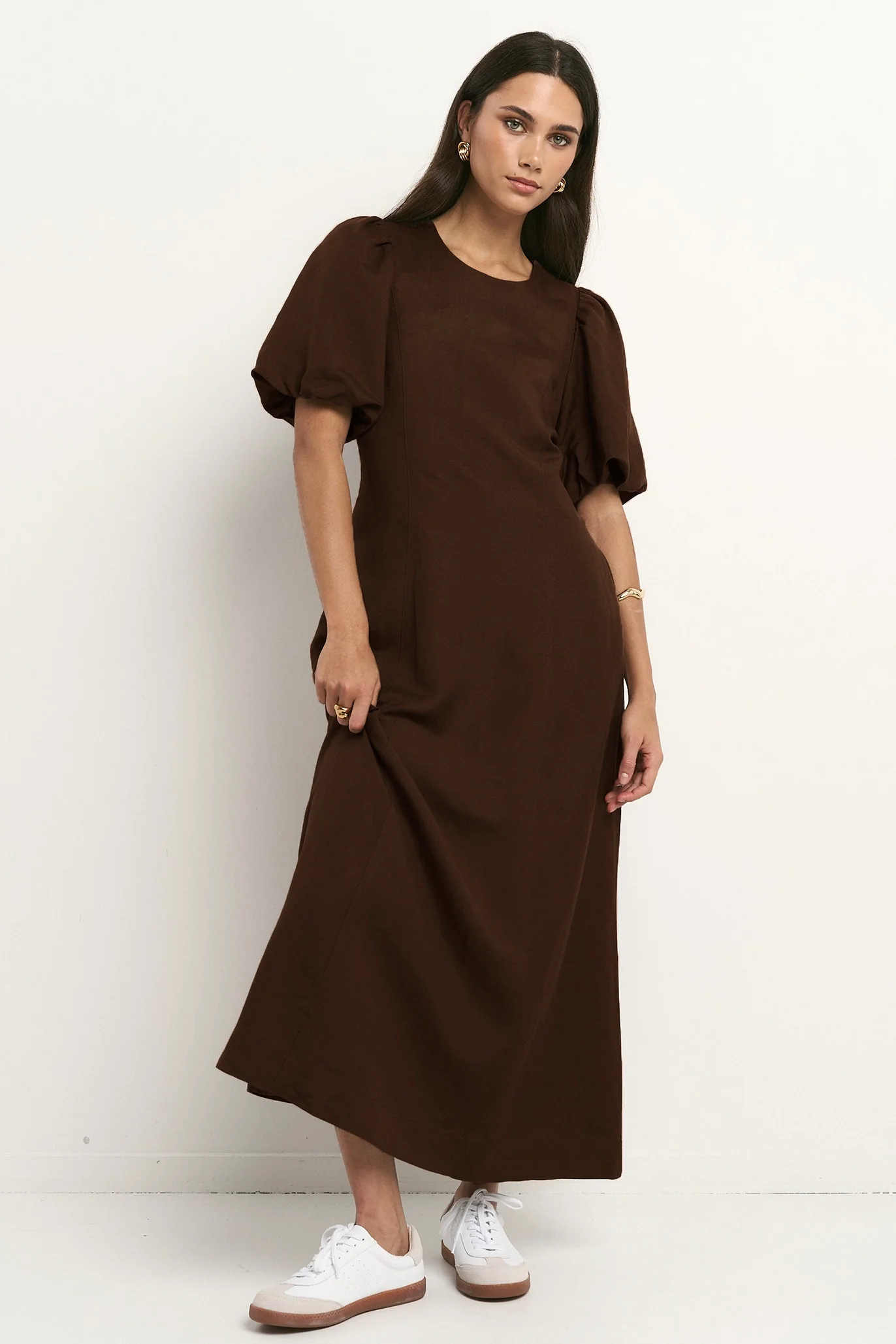 Indulgent Chocolate Puff Sleeve Relaxed Midi Dress - Image 3