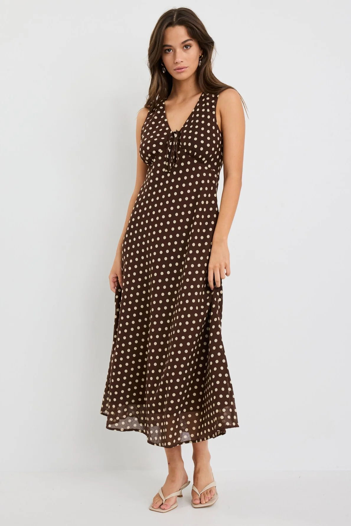 Infinity Chocolate Polka Dot Sleeveless Bias Midi Dress - Image 2