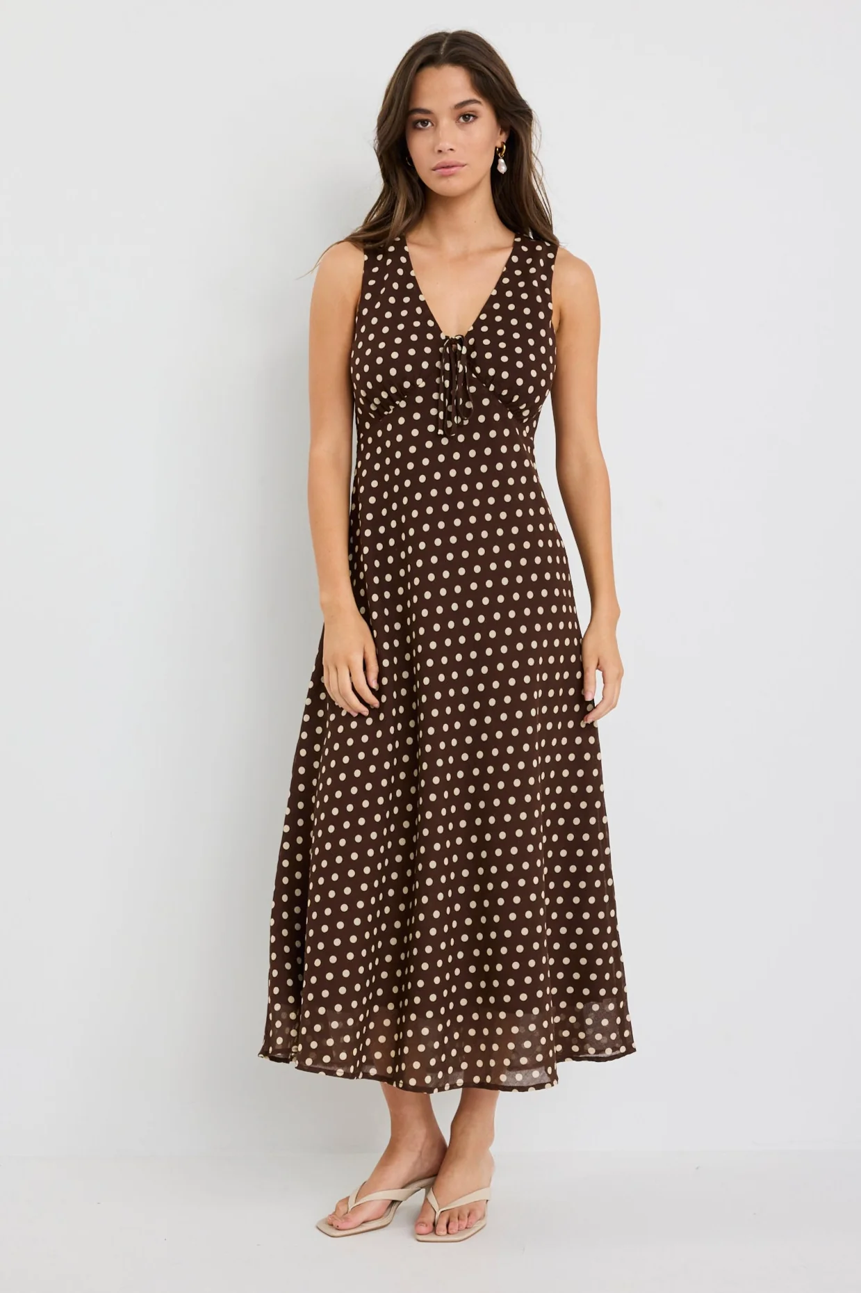 Infinity Chocolate Polka Dot Sleeveless Bias Midi Dress - Image 5