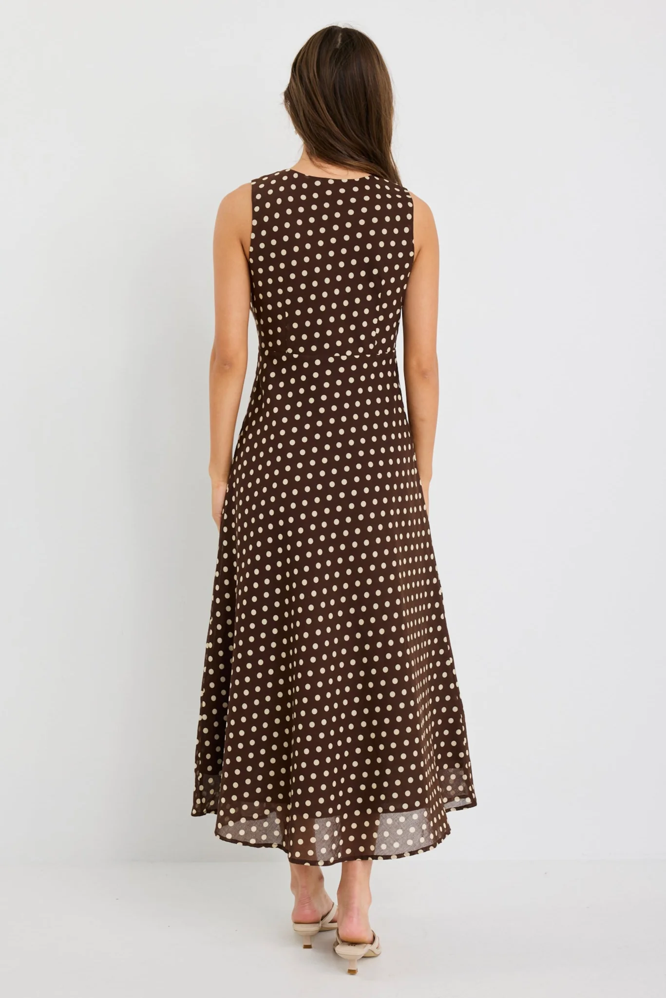 Infinity Chocolate Polka Dot Sleeveless Bias Midi Dress - Image 6