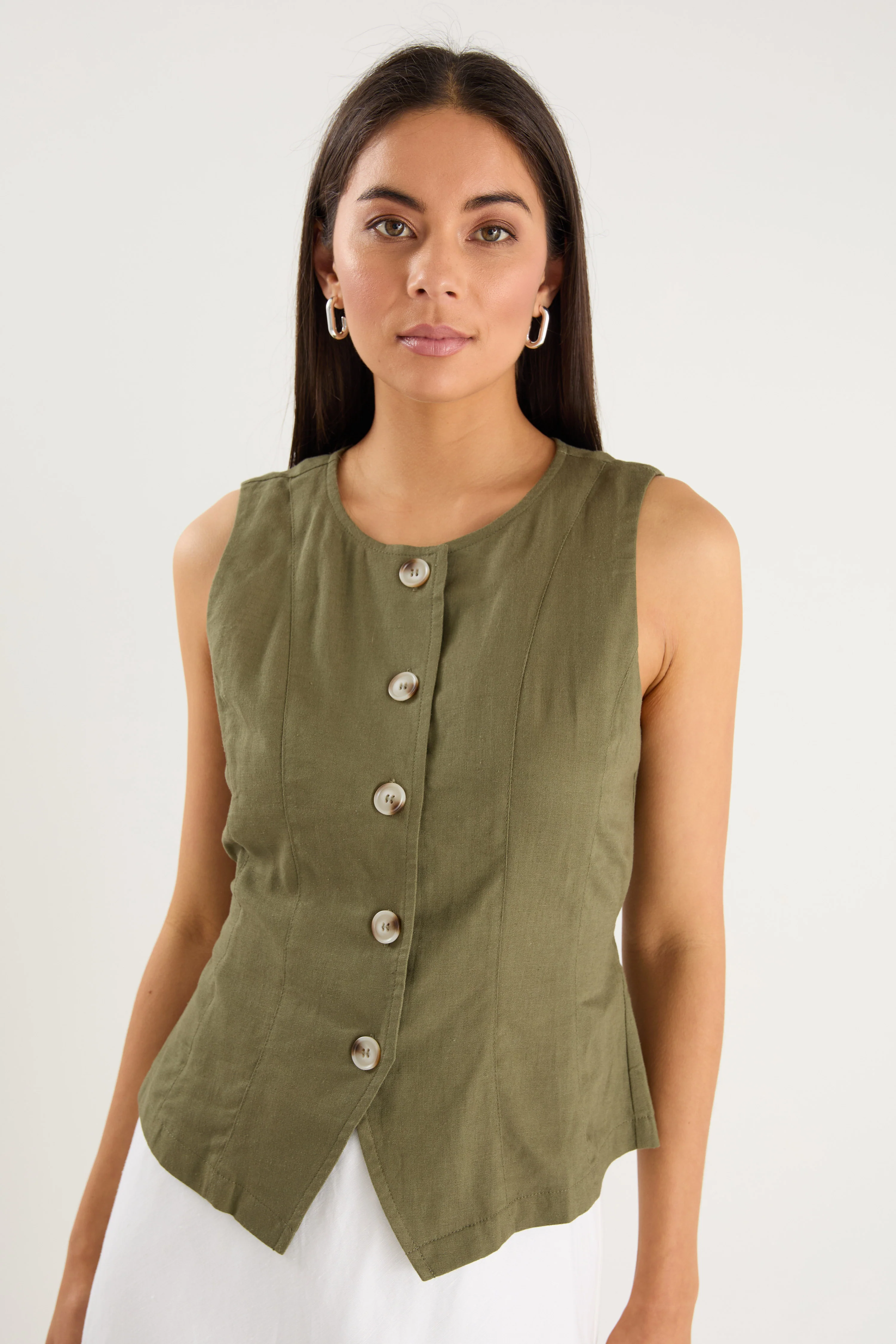 Influx Khaki Linen Blend Fitted Panelled Vest