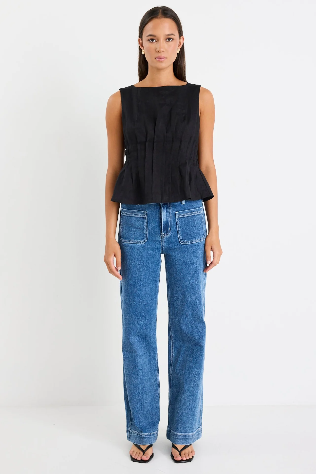 Inspiration Black Linen Pintuck Front Boatneck Top - Image 2