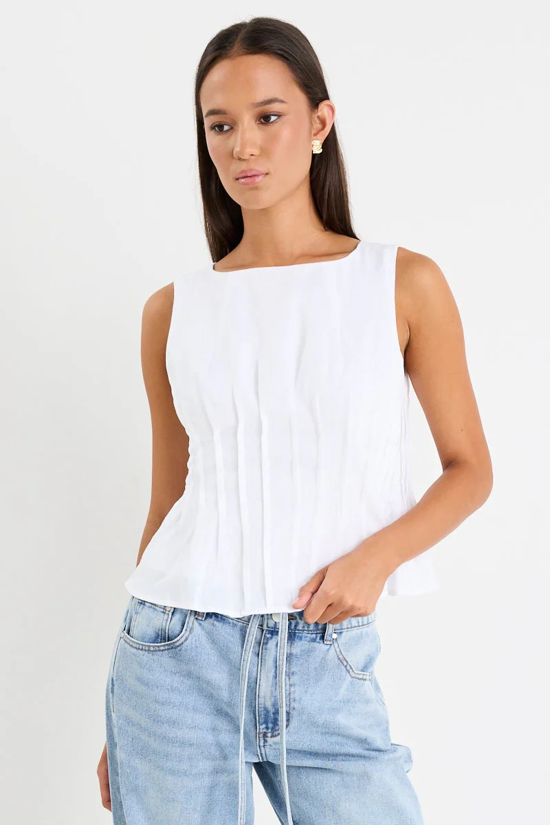 Inspiration Ivory Linen Pintuck Front Boatneck Top - Image 2