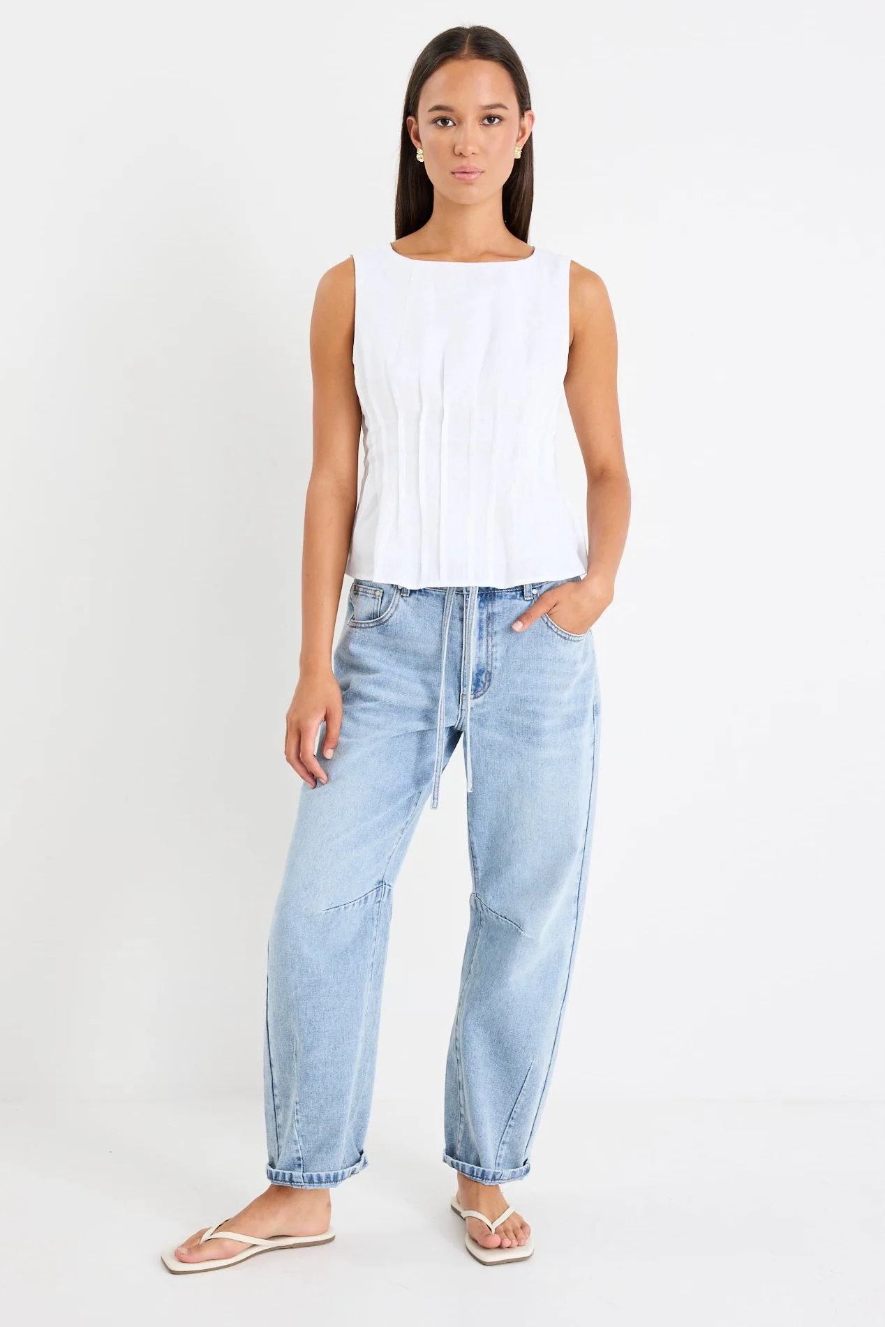 Inspiration Ivory Linen Pintuck Front Boatneck Top - Image 3