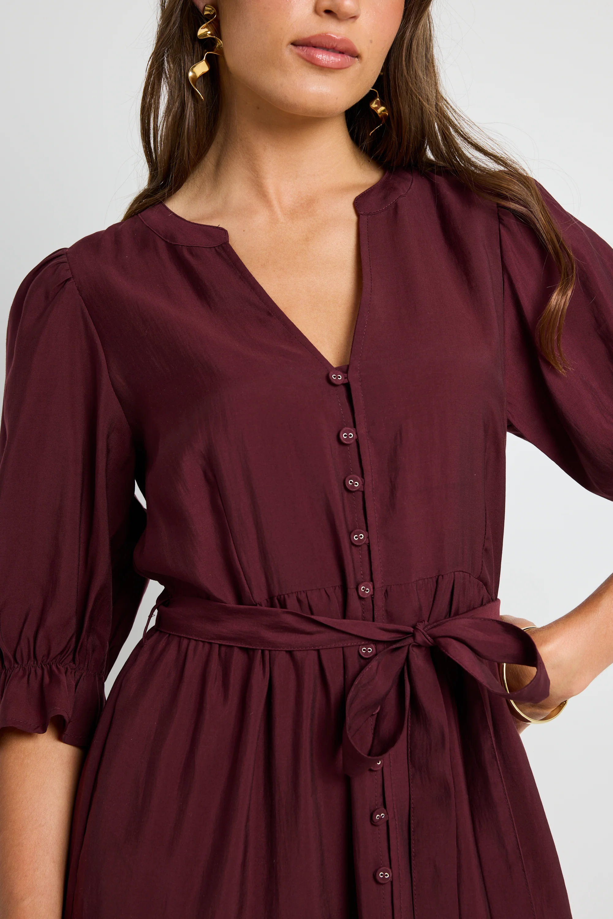 Irresistible Burgundy Plum SS Button Front Tiered Maxi Dress - Image 3