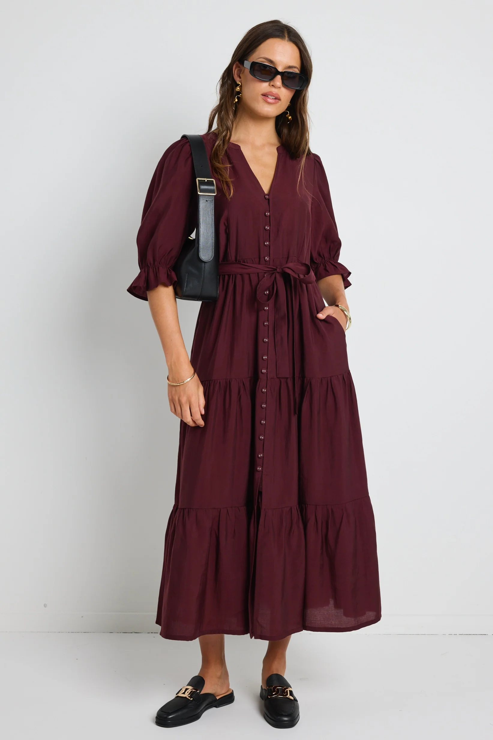 Irresistible Burgundy Plum SS Button Front Tiered Maxi Dress - Image 4