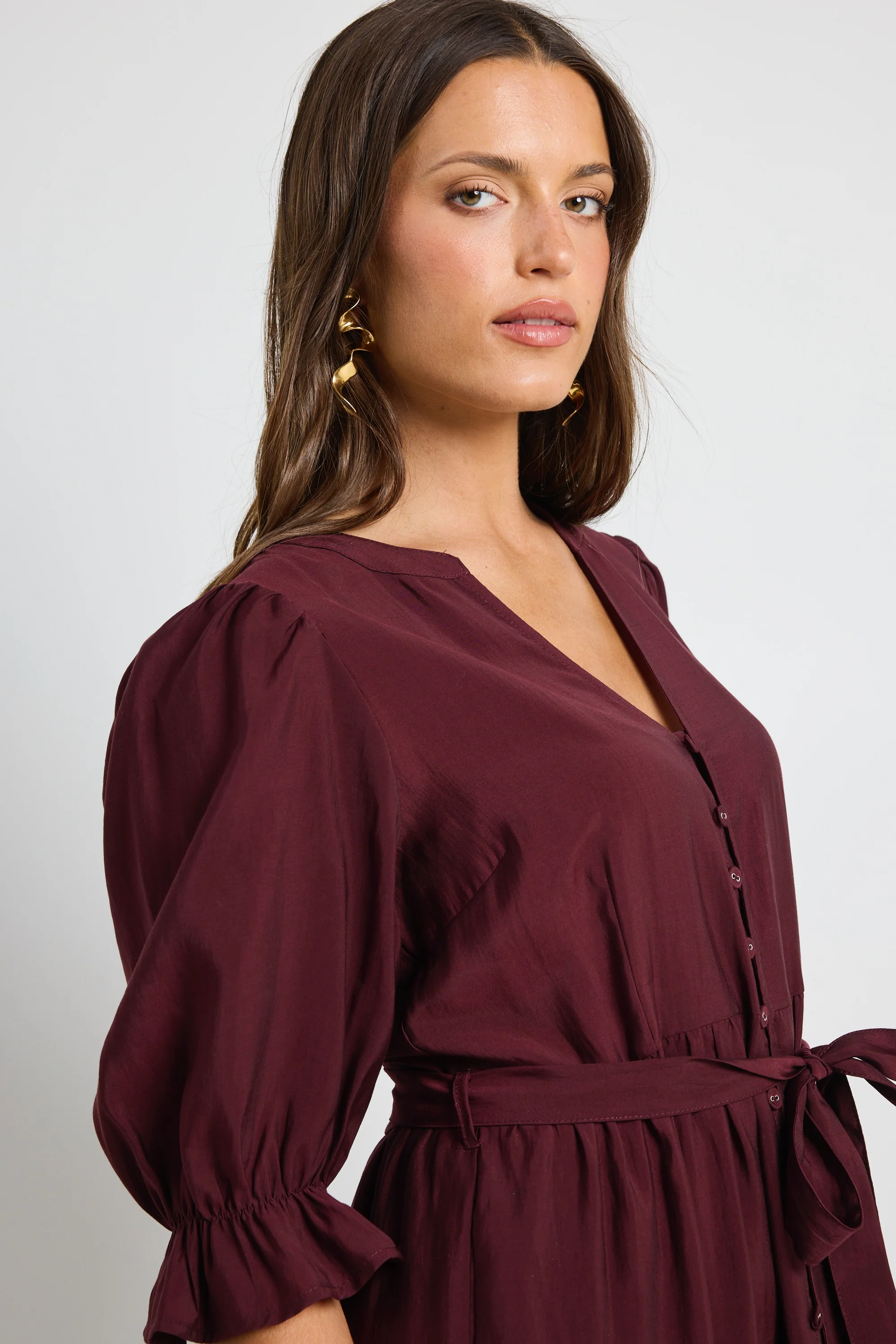Irresistible Burgundy Plum SS Button Front Tiered Maxi Dress - Image 5