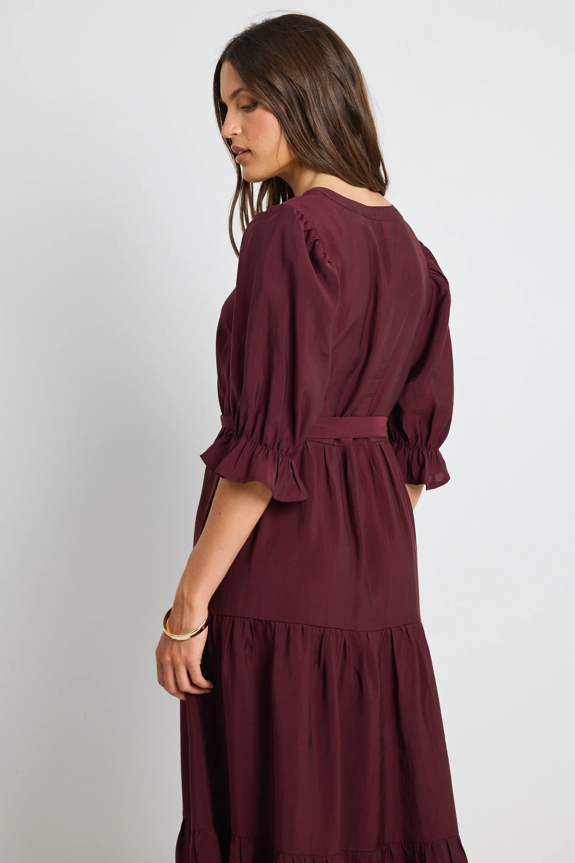 Irresistible Burgundy Plum SS Button Front Tiered Maxi Dress - Image 6