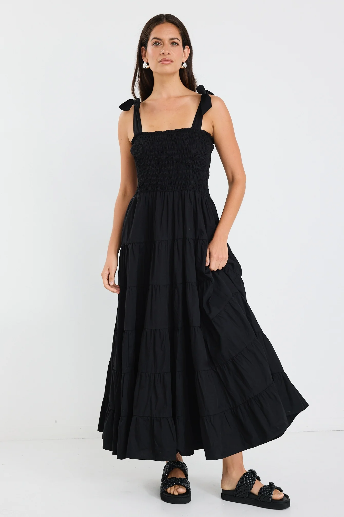 Isabella Black Cotton Poplin Strappy Tiered Maxi Dress - Image 2