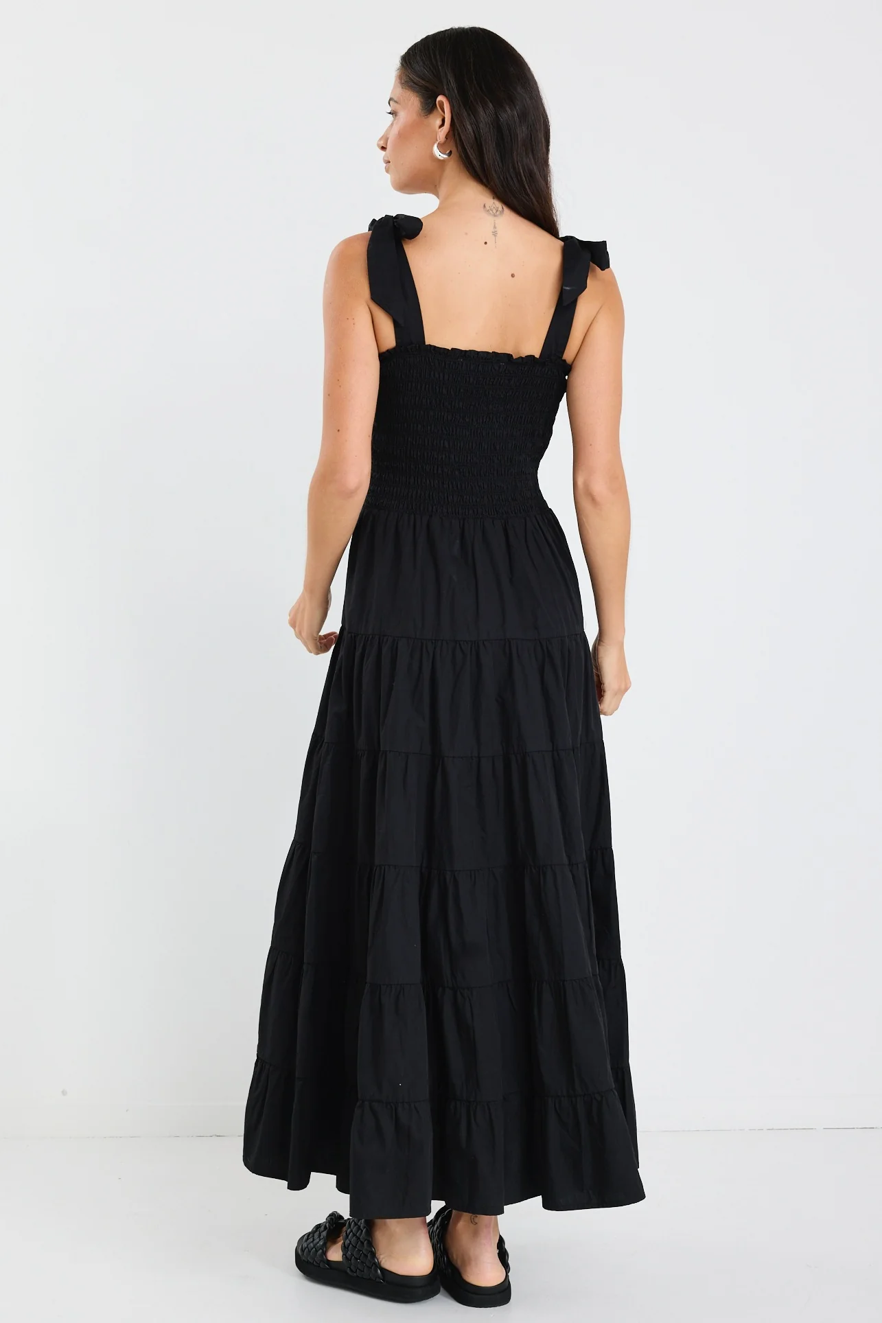 Isabella Black Cotton Poplin Strappy Tiered Maxi Dress - Image 5