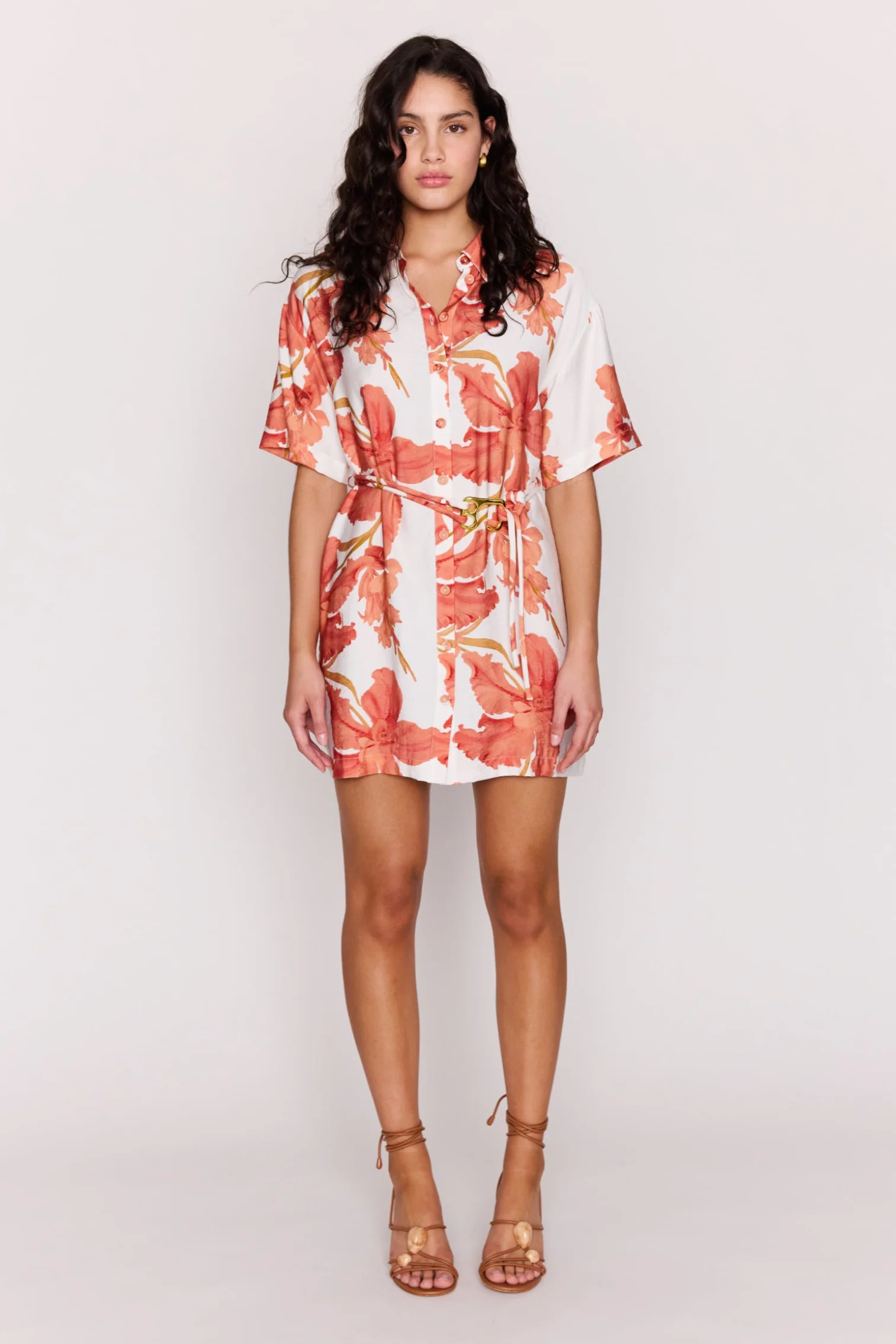 Isla Peach Floral SS Mini Shirt Dress - Image 3