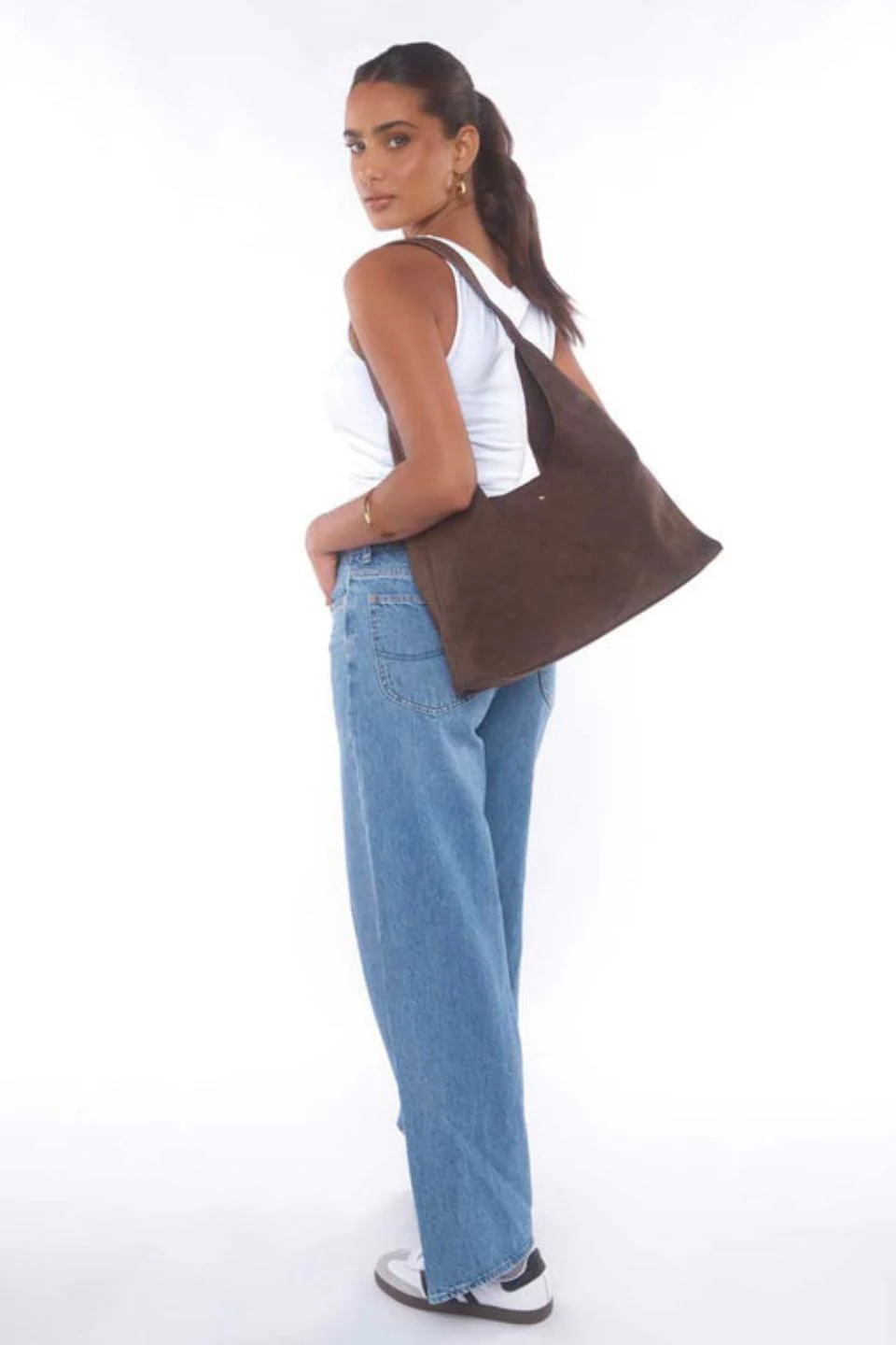 Jami Chocolate Suede Slouch Shoulder Bag - Image 3