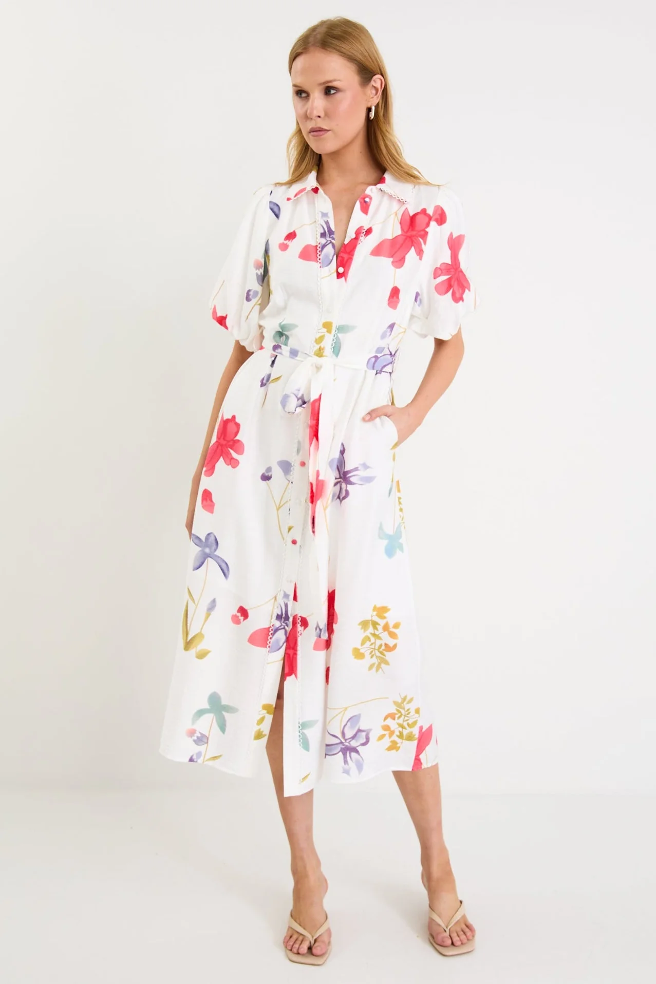 Jasmine Cream Poppy Floral Puff Sleeve Long Shirt Dress
