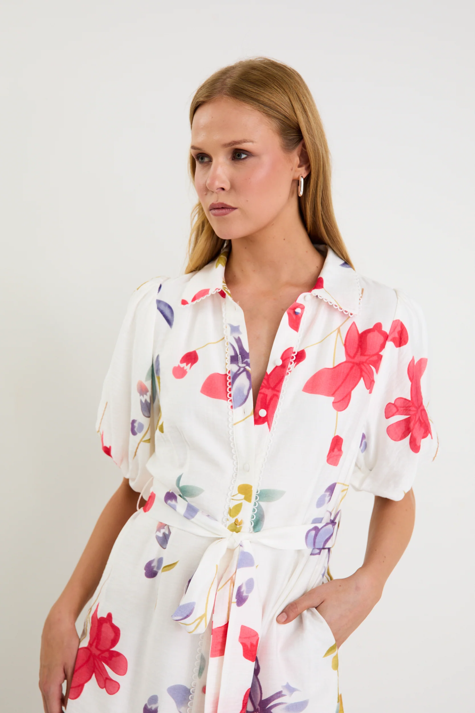 Jasmine Cream Poppy Floral Puff Sleeve Long Shirt Dress - Image 3