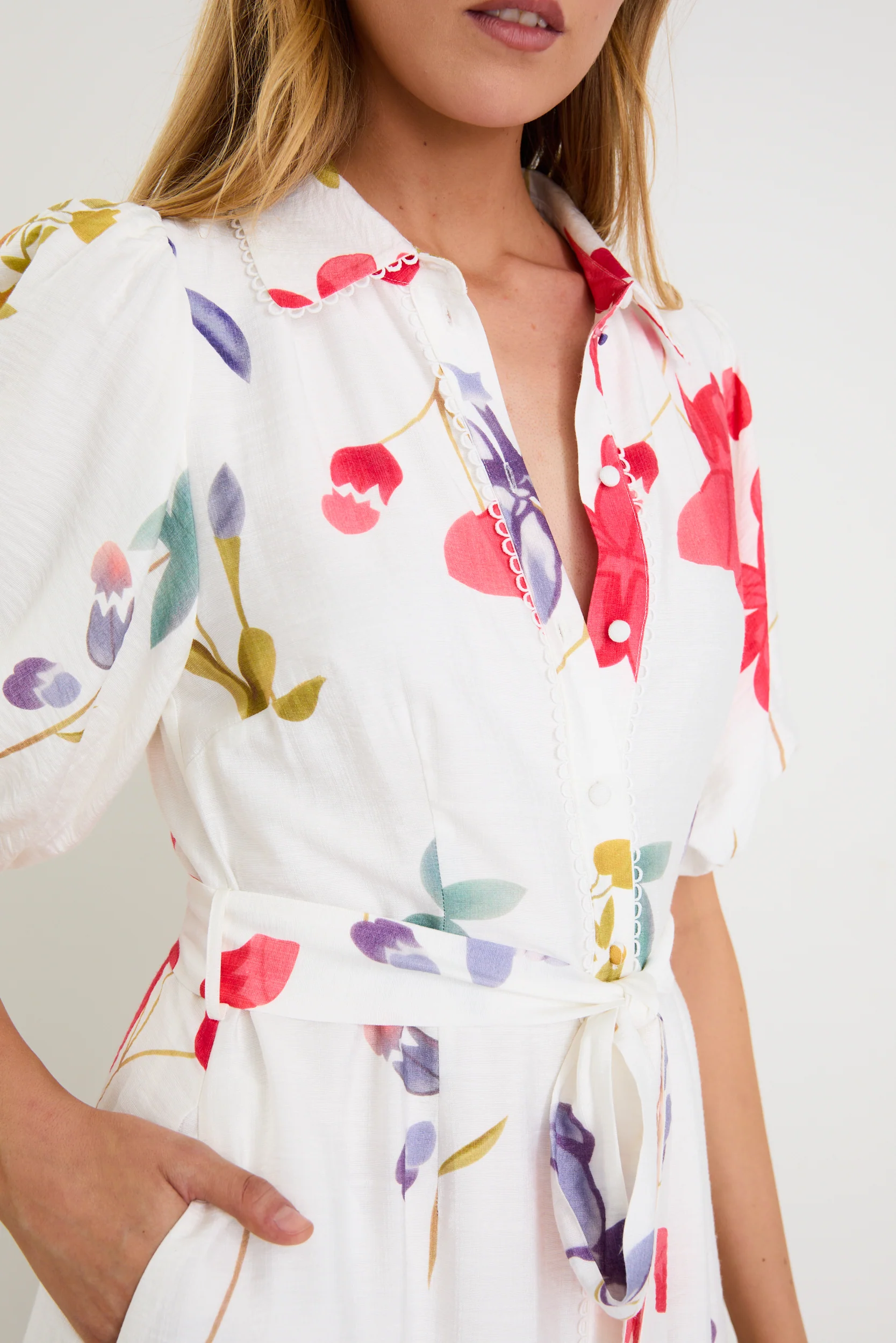 Jasmine Cream Poppy Floral Puff Sleeve Long Shirt Dress - Image 4