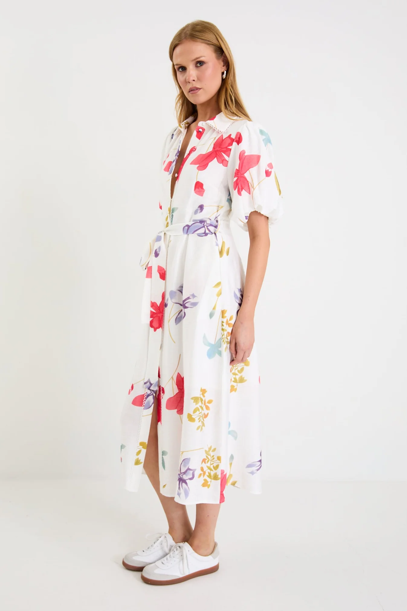 Jasmine Cream Poppy Floral Puff Sleeve Long Shirt Dress - Image 5