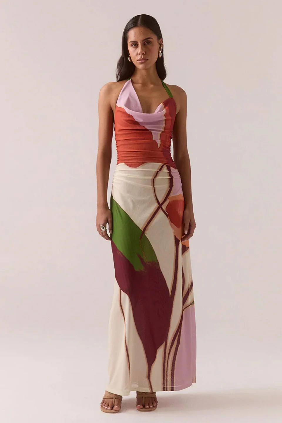 Kalea Multi Botanic Cowl Neck Mesh Halter Maxi Dress