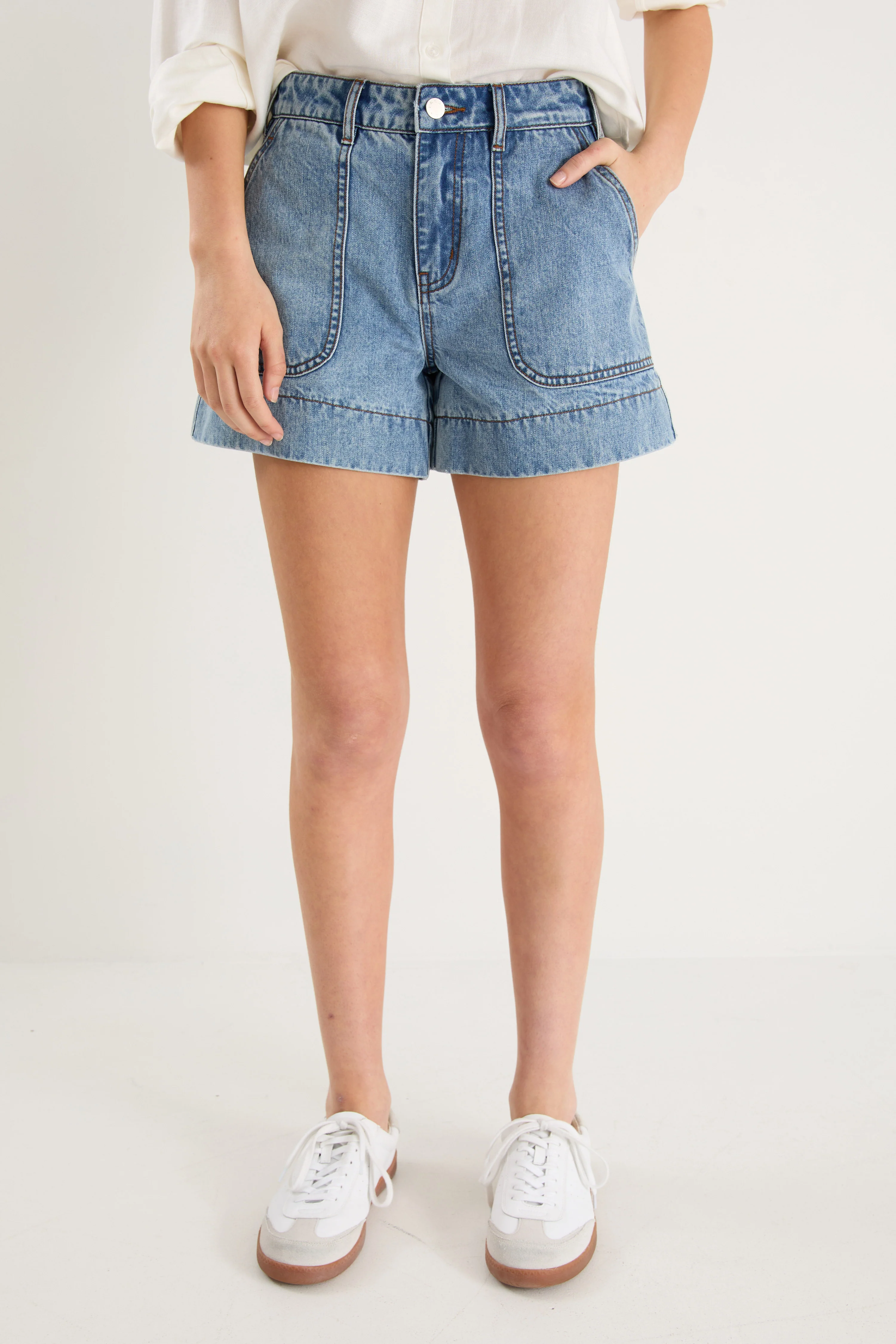 Kindly Mid Blue Pocket Front Denim Shorts - Image 4