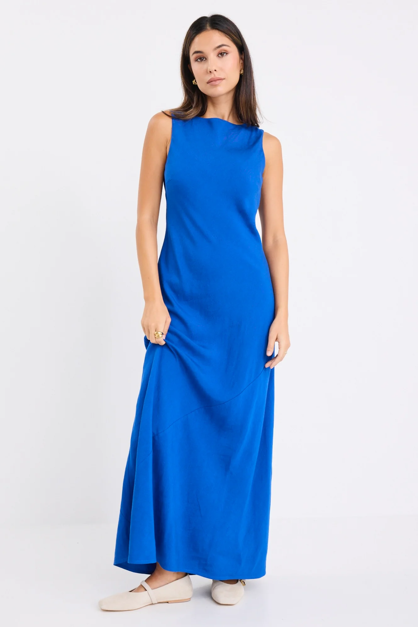 Knockout Electric Blue Linen Blend V Back Slip Dress - Image 3