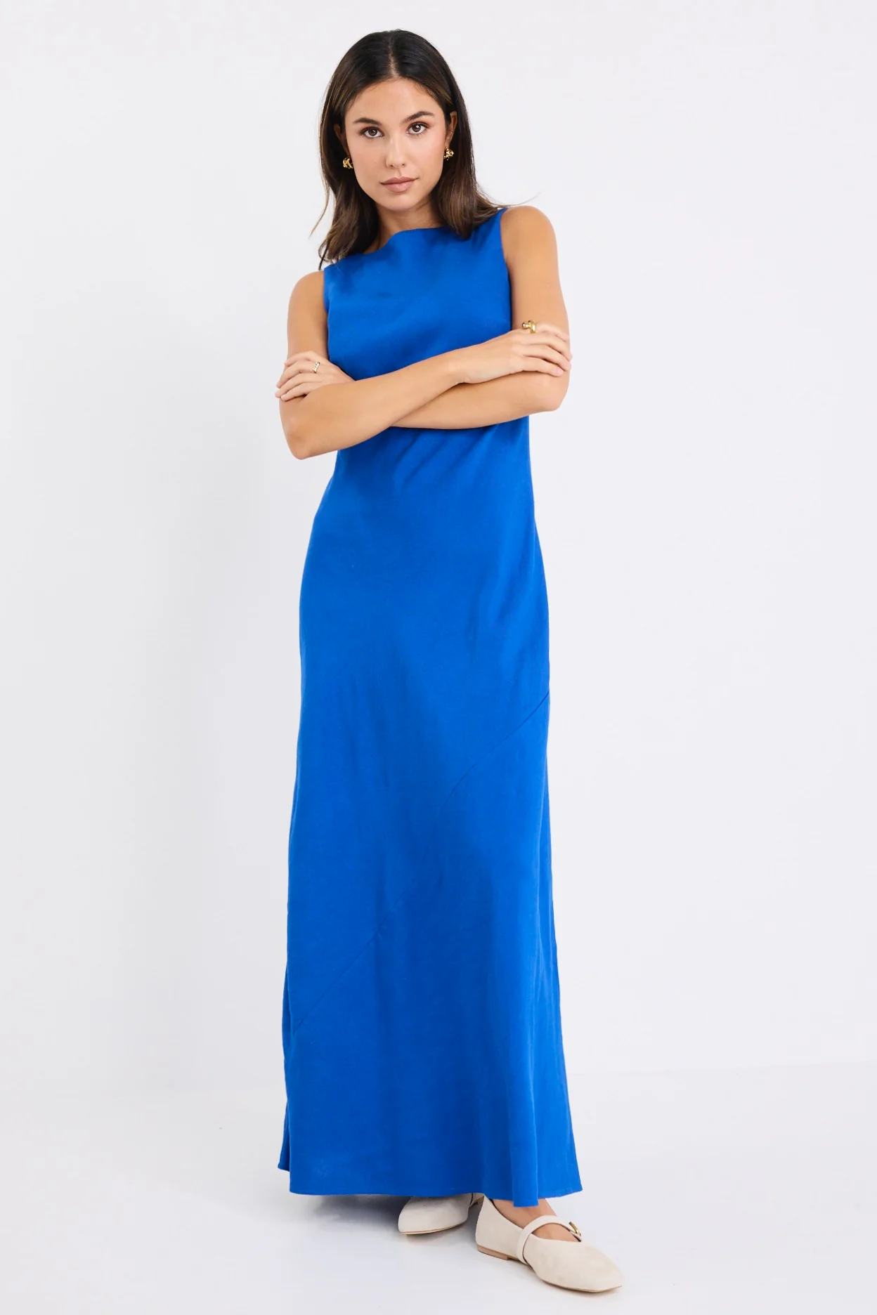 Knockout Electric Blue Linen Blend V Back Slip Dress - Image 5