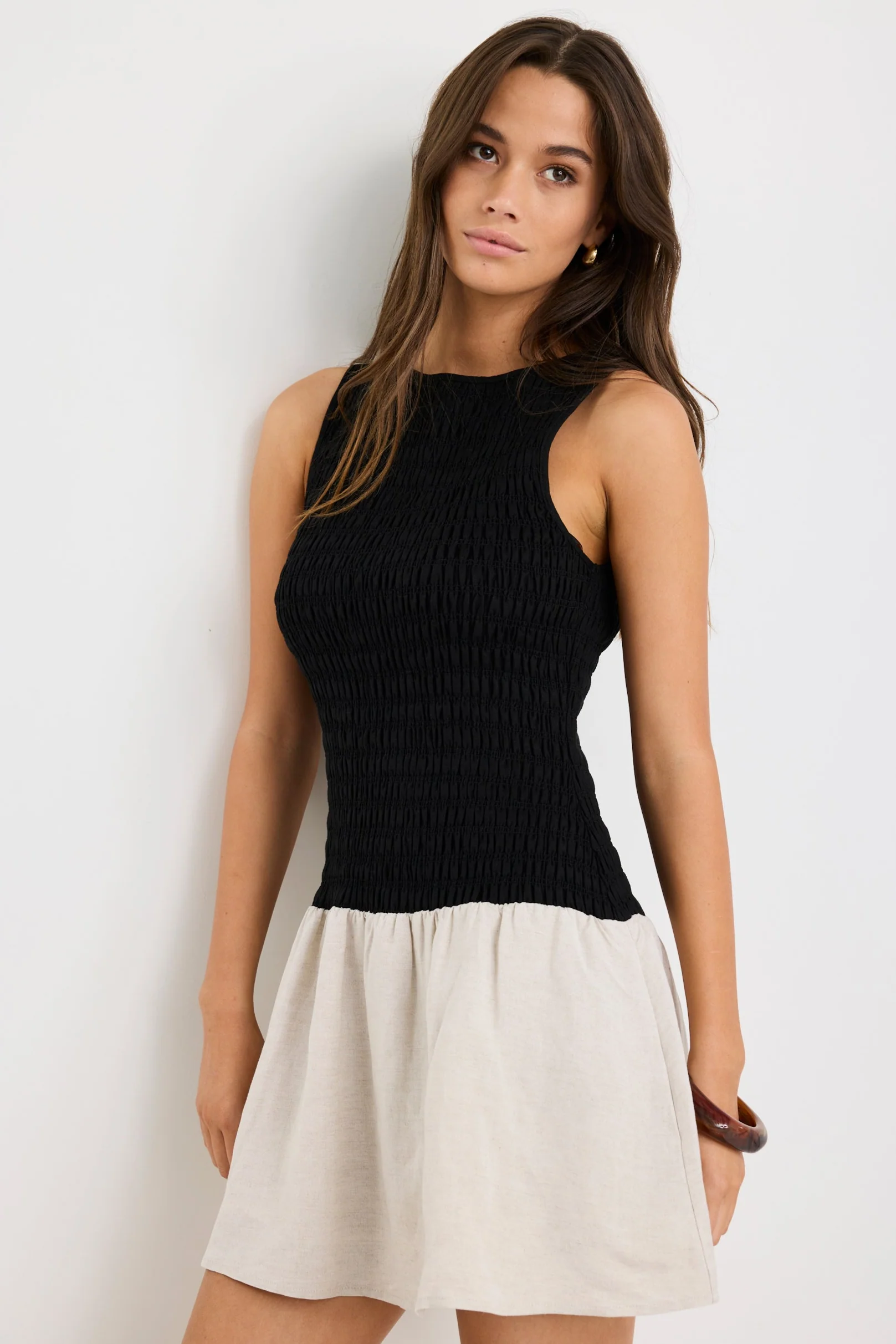 Laurel Black Natural Sleeveless Shirred Bodice Mini Dress