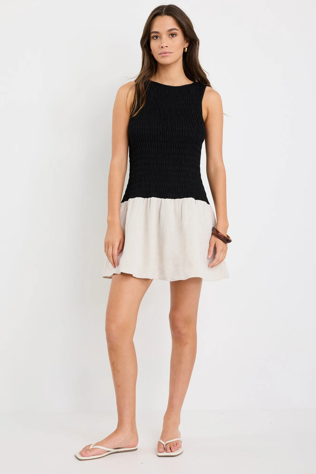 Laurel Black Natural Sleeveless Shirred Bodice Mini Dress - Image 2