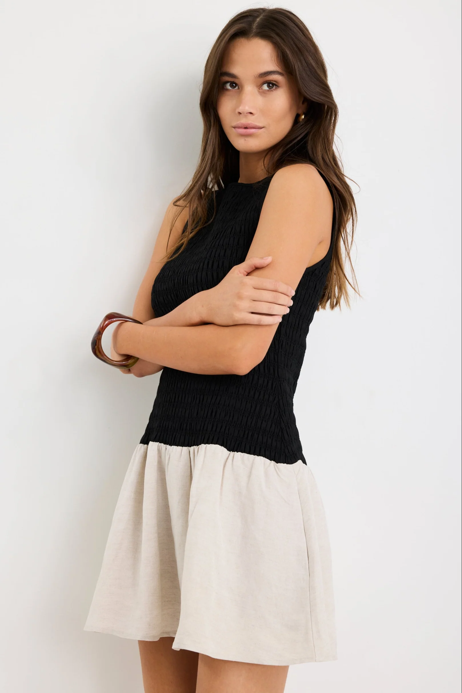 Laurel Black Natural Sleeveless Shirred Bodice Mini Dress - Image 3
