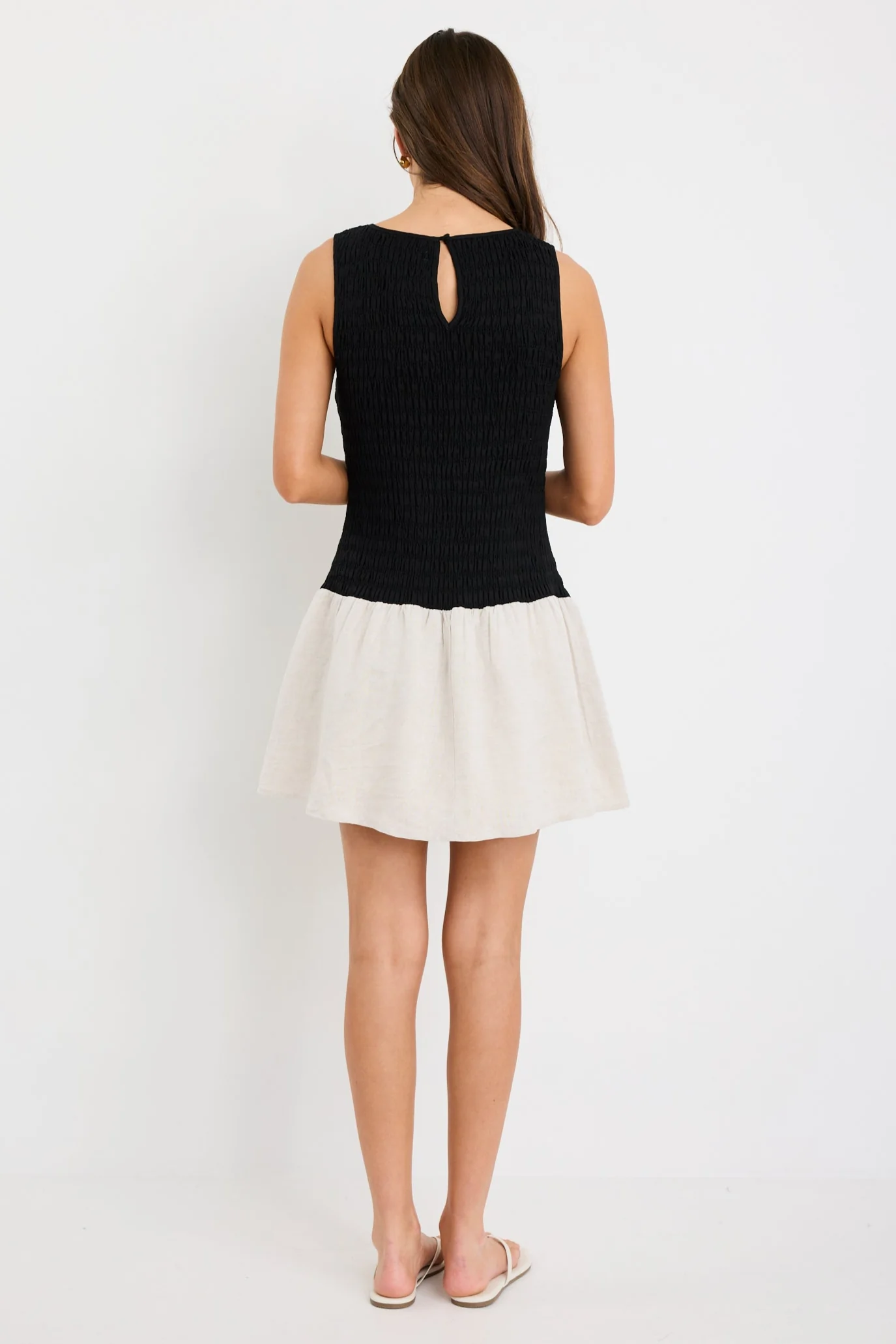 Laurel Black Natural Sleeveless Shirred Bodice Mini Dress - Image 4