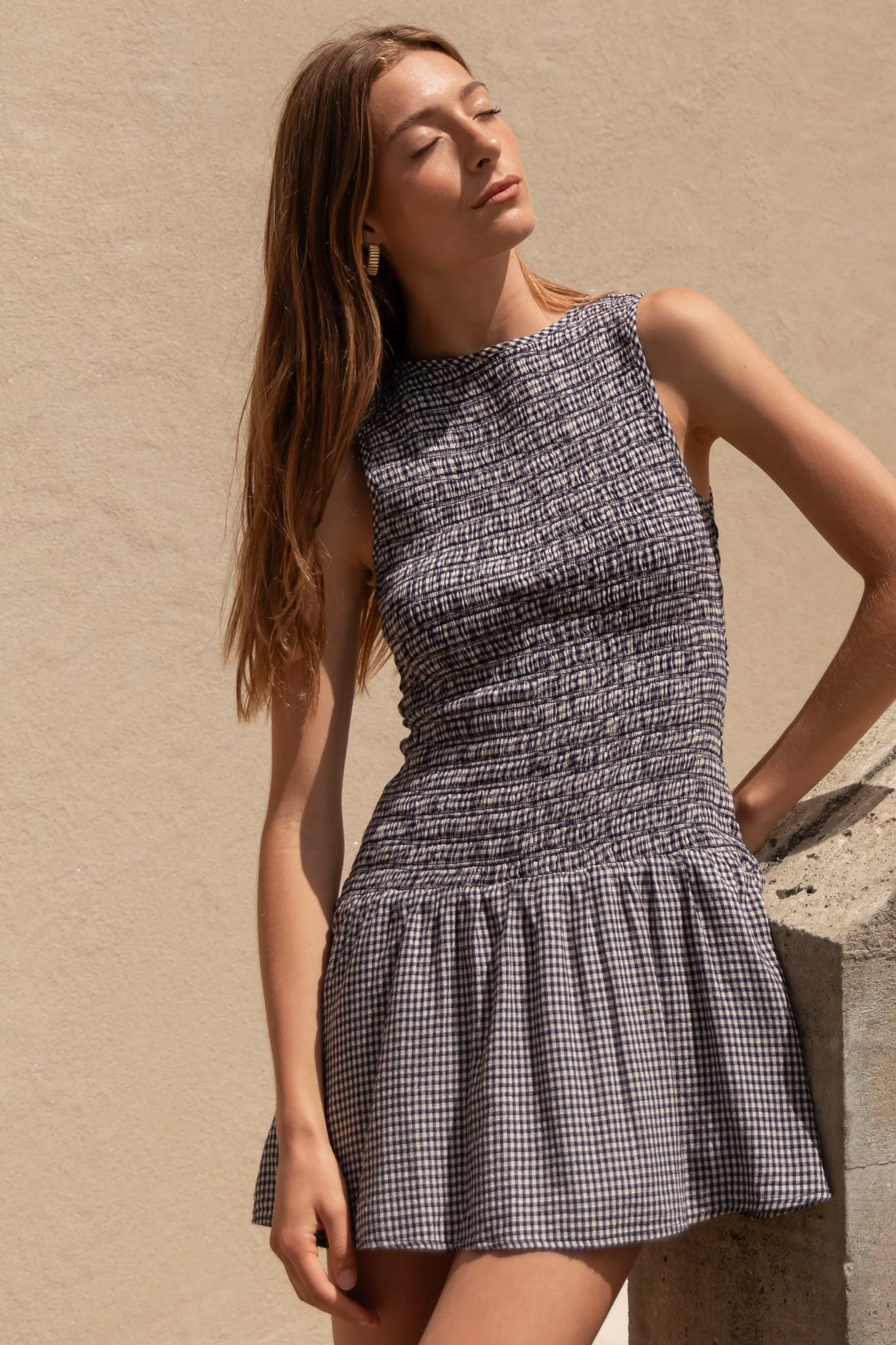 Laurel Navy Mini Gingham Sleeveless Shirred Bodice Mini Dress - Image 2