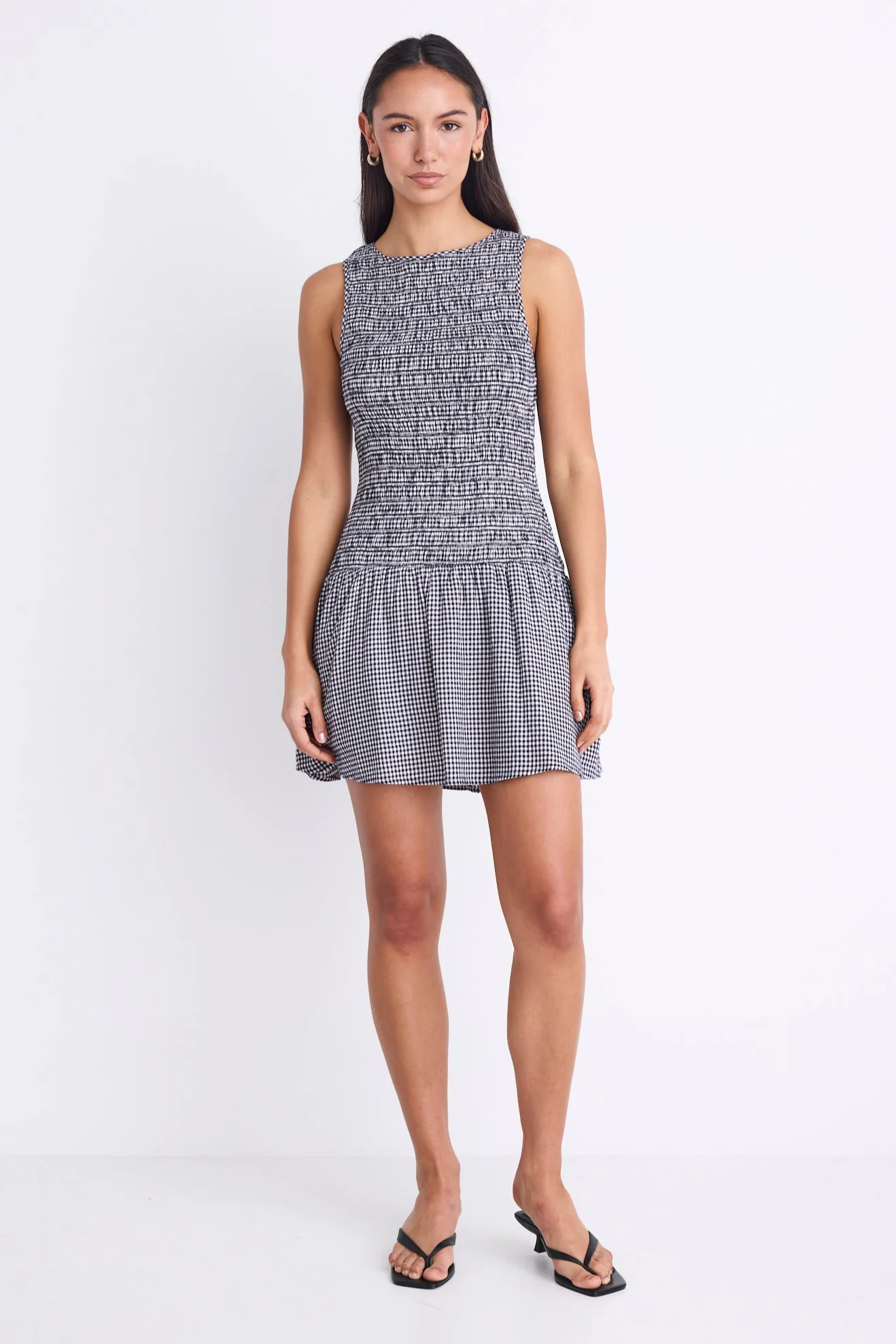Laurel Navy Mini Gingham Sleeveless Shirred Bodice Mini Dress - Image 3