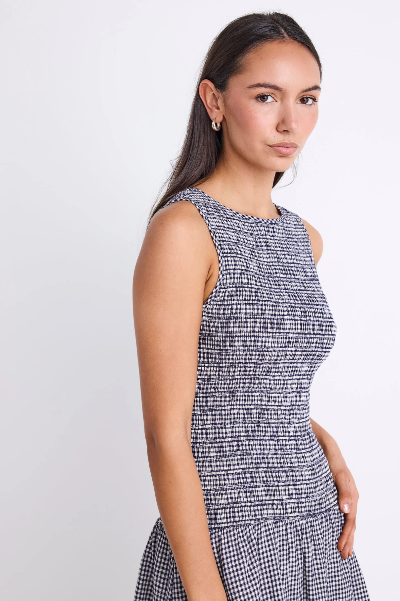Laurel Navy Mini Gingham Sleeveless Shirred Bodice Mini Dress - Image 4