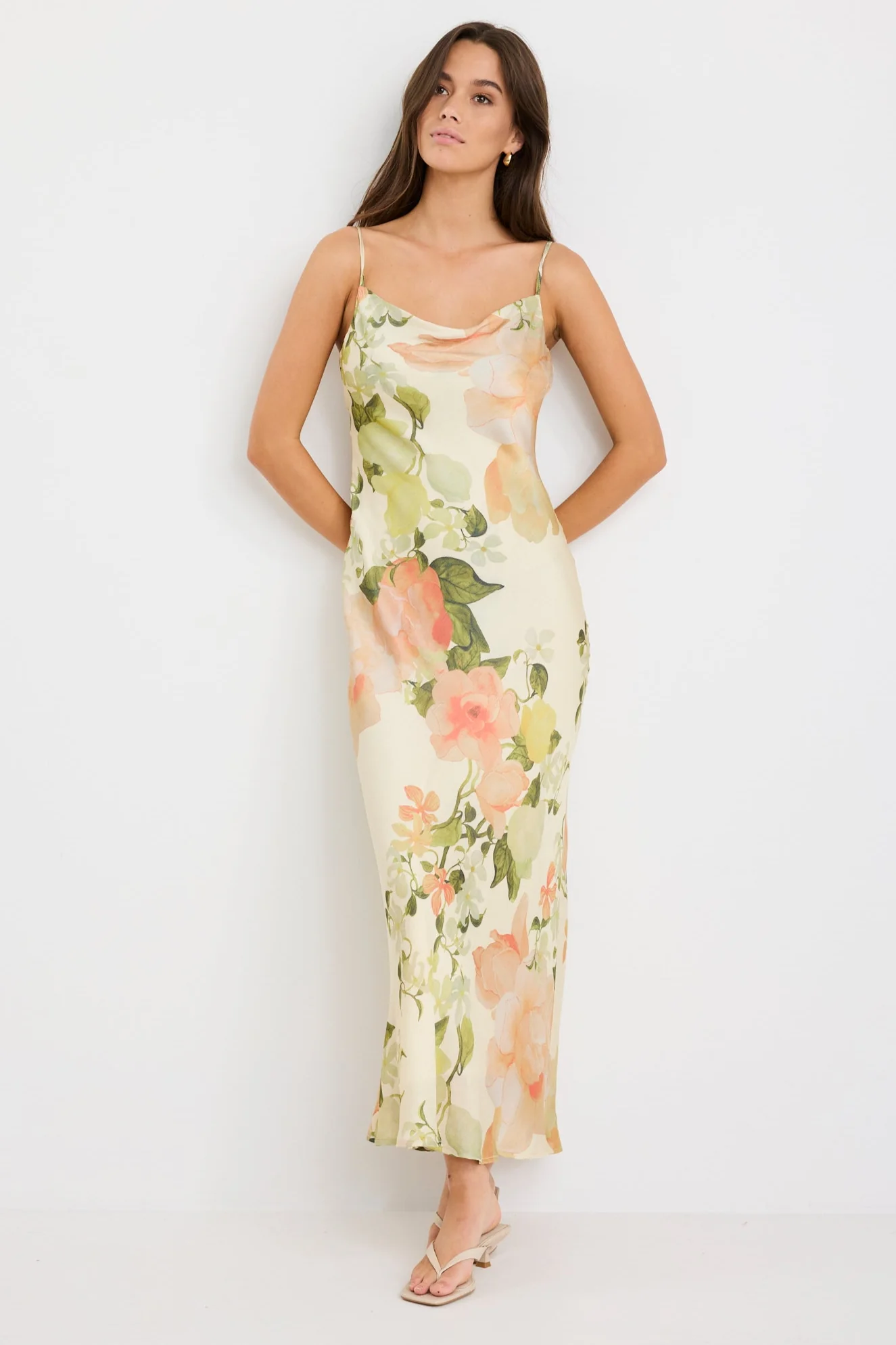 Lavish Cream Peach Floral Tie Back Bias Slip Dress - Image 3