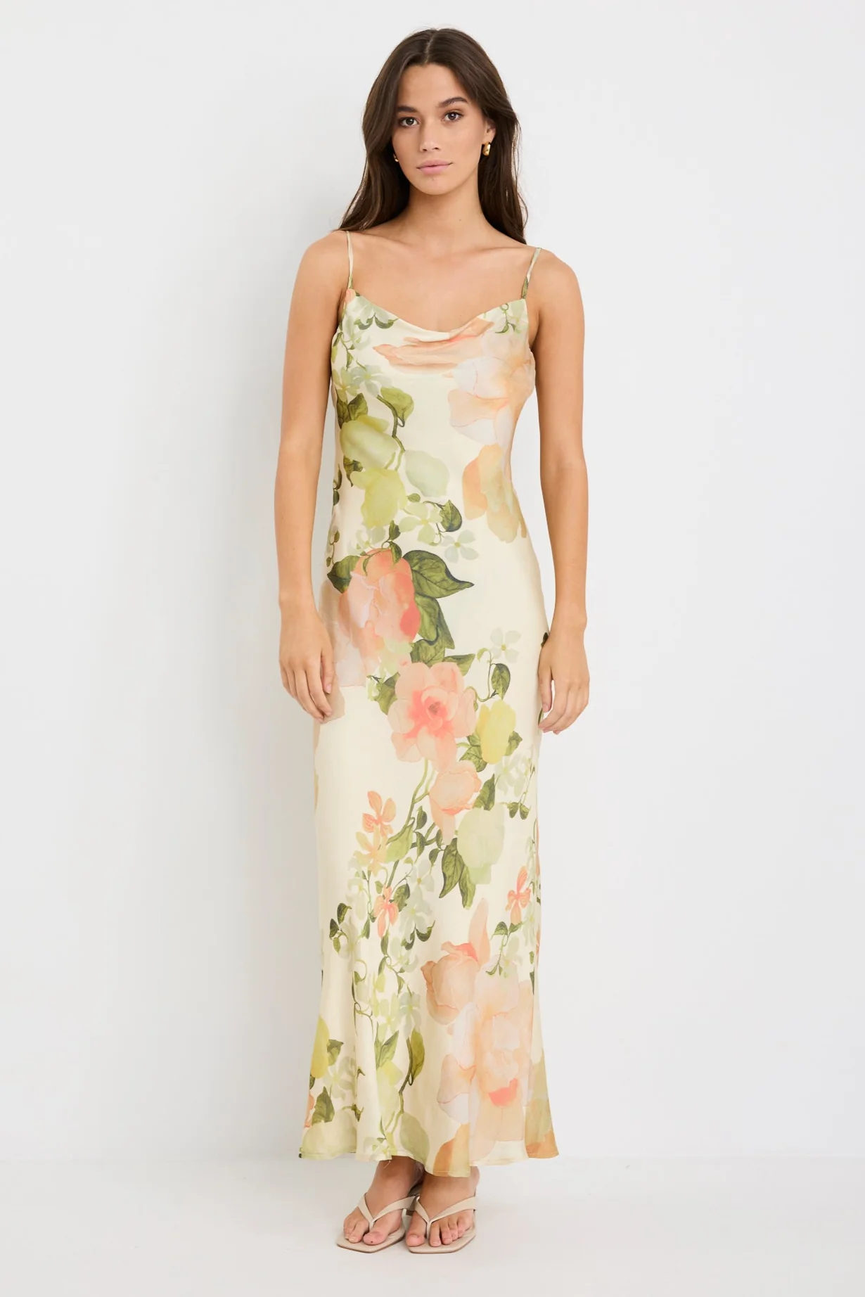 Lavish Cream Peach Floral Tie Back Bias Slip Dress - Image 5