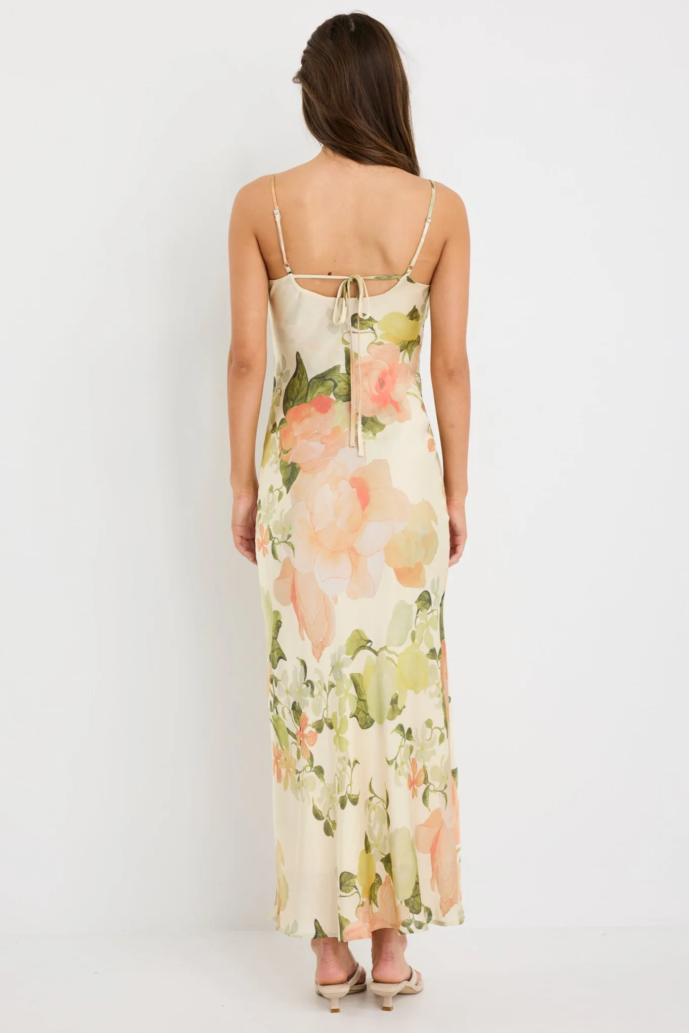 Lavish Cream Peach Floral Tie Back Bias Slip Dress - Image 6