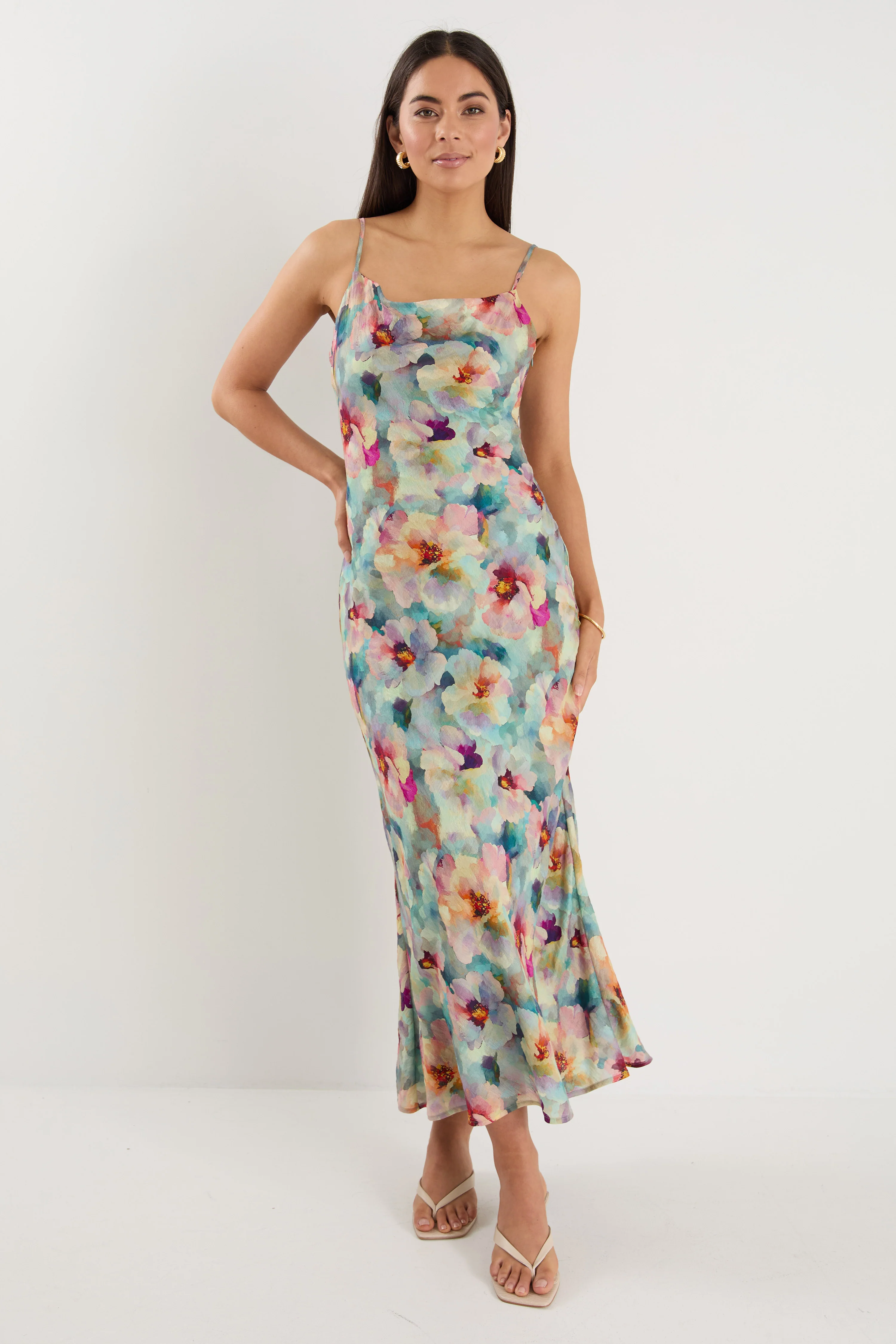 Lavish Blue Multi Floral Tie Back Bias Slip Dress - Image 3