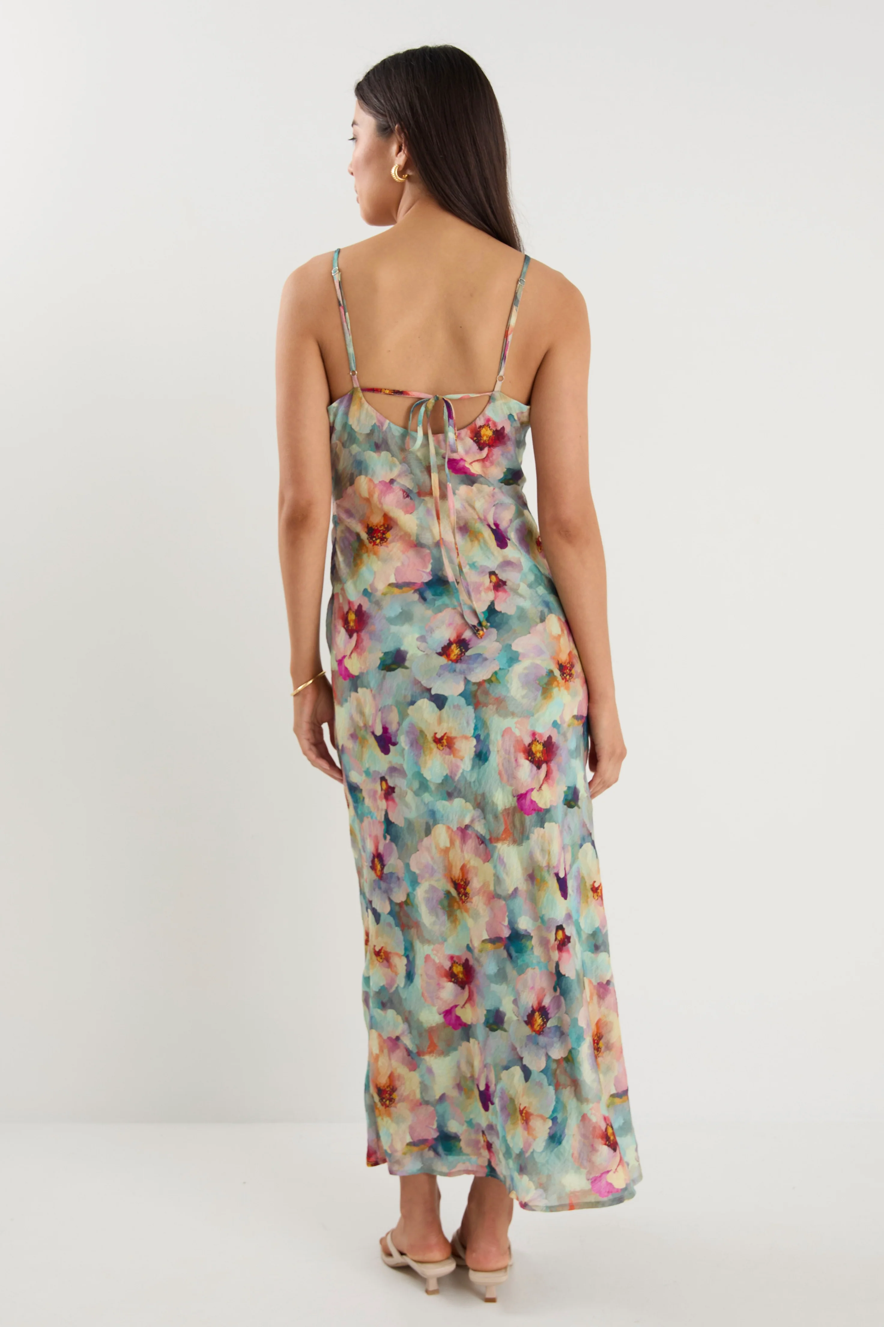 Lavish Blue Multi Floral Tie Back Bias Slip Dress - Image 6